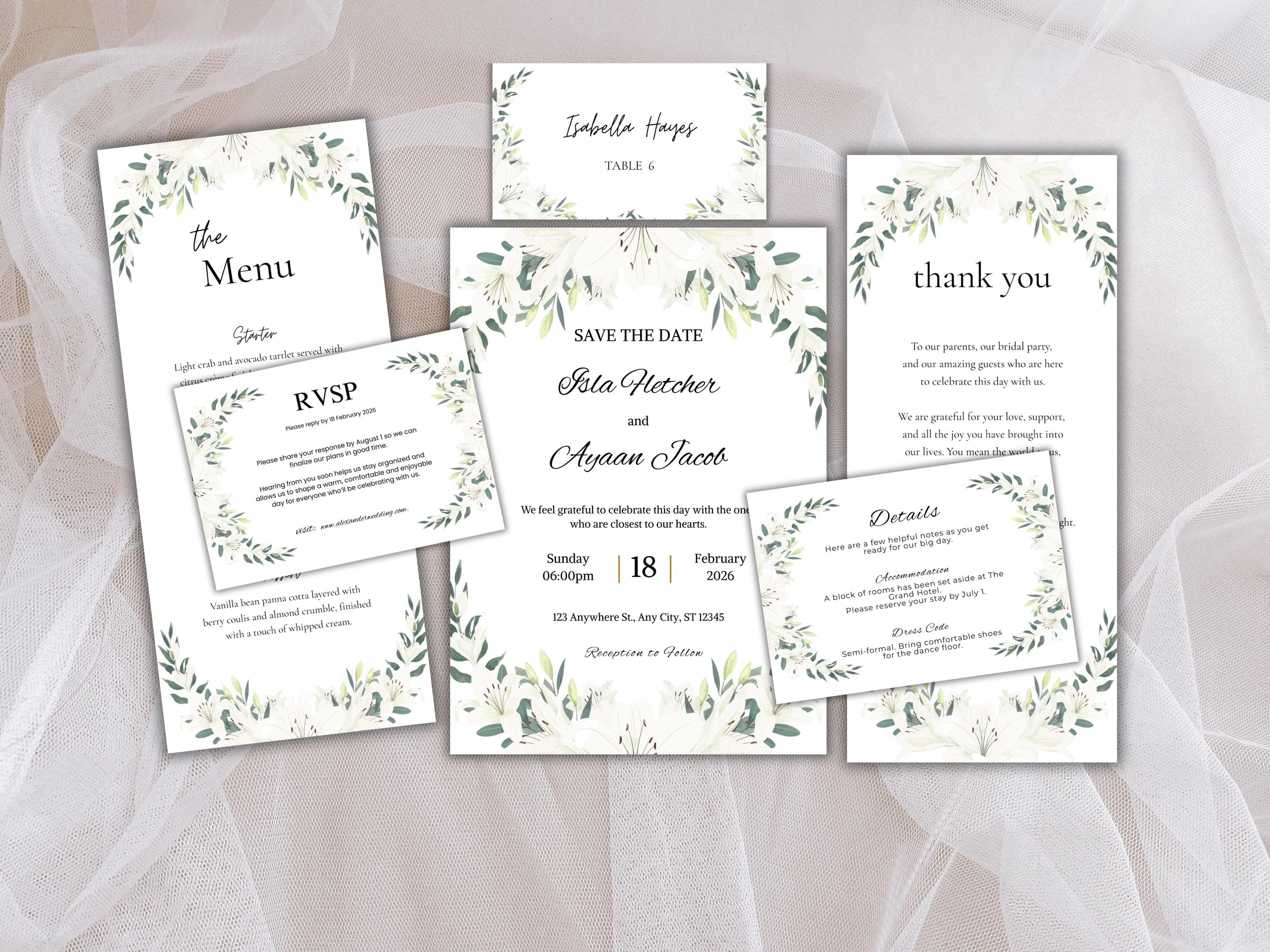 Wedding Invitation Bundle, RSVP, Thank You Card, Table Card, Menu Card, Reception Card, Details Card. WI248