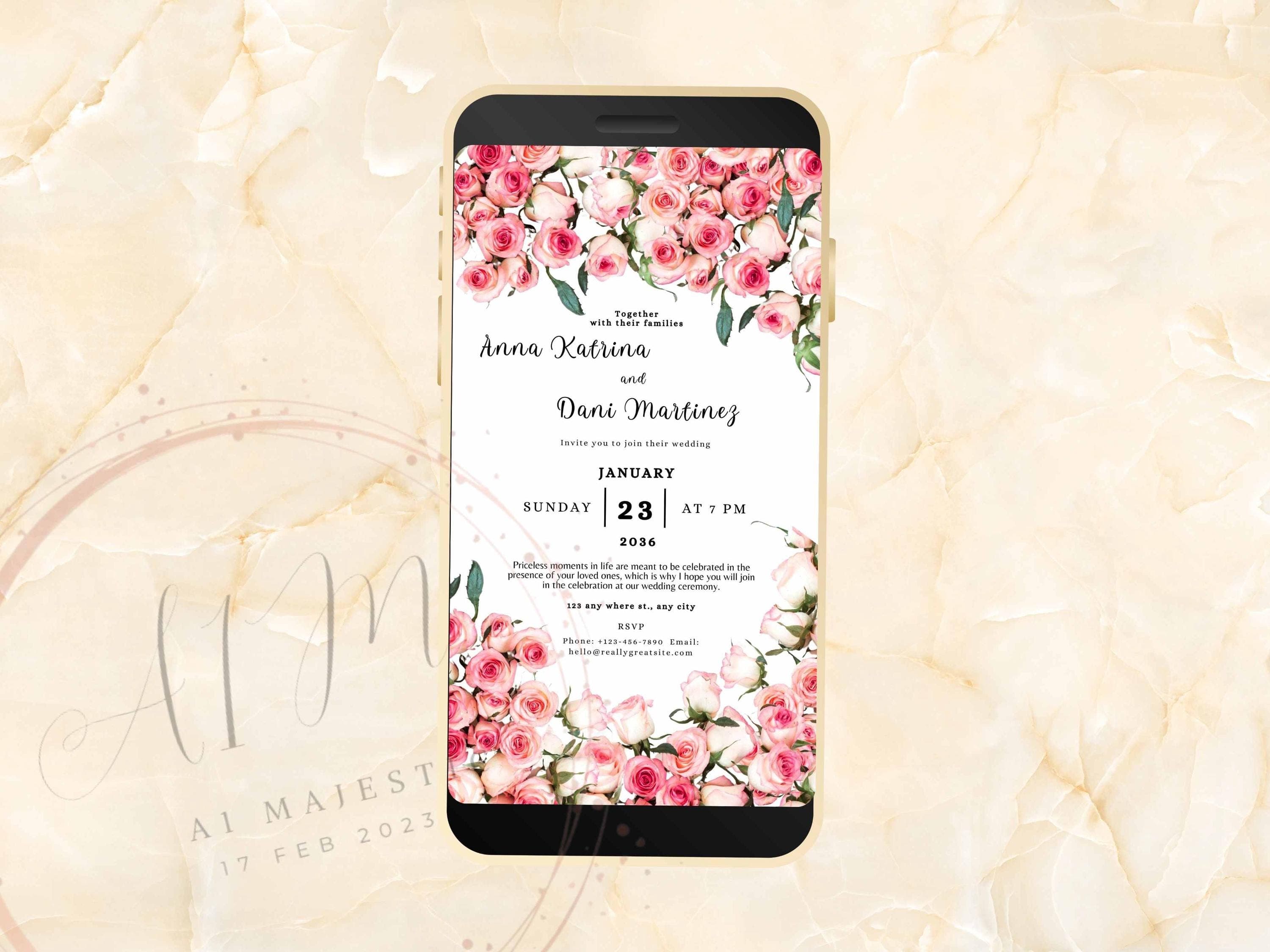 Pink Rose Wedding Evite Template, Electronic Wedding Invitation, Pink Rose video Wedding Invitation, Mobile Phone Invite. WEIB22