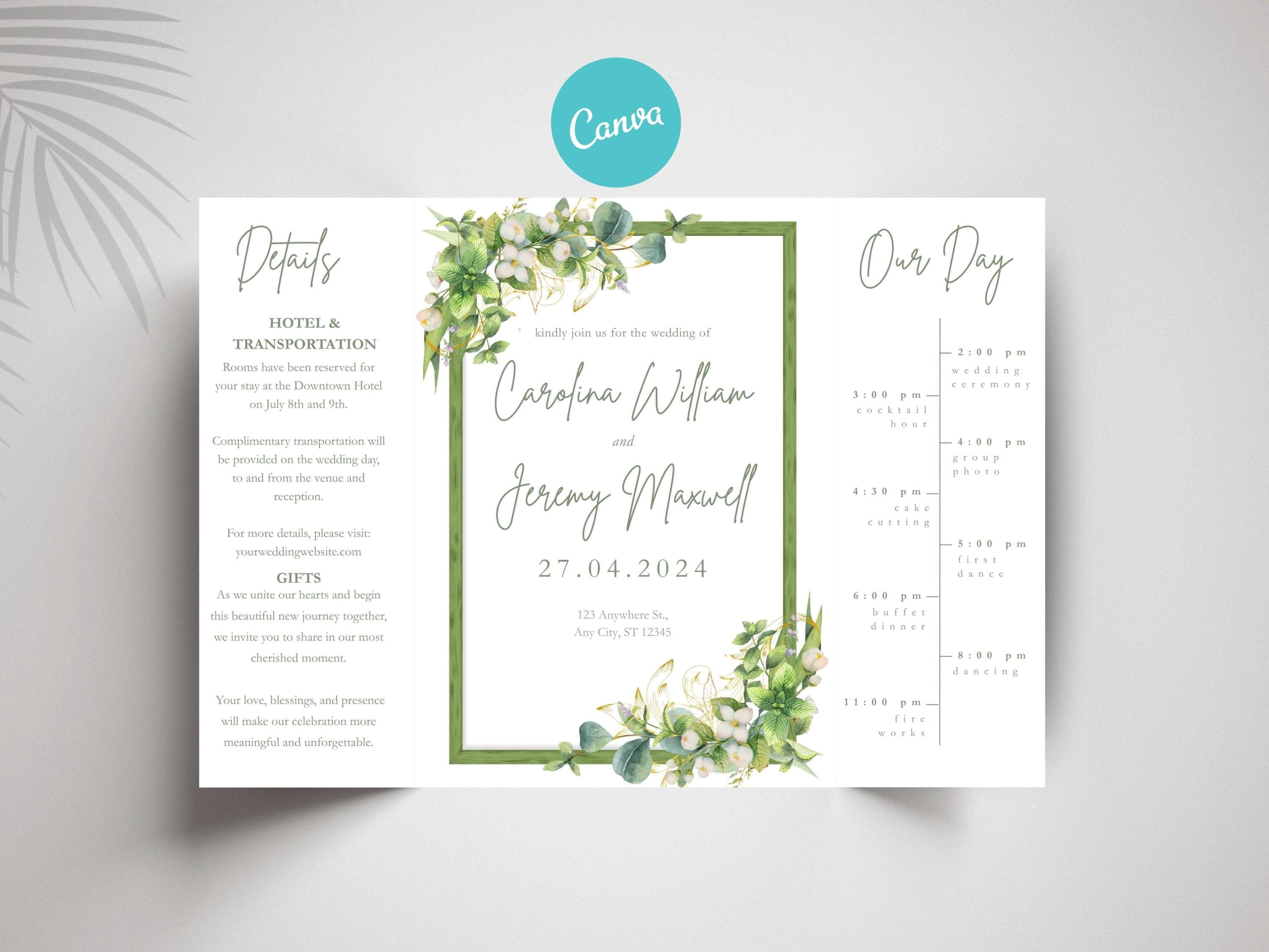 Greenery Wedding Invitation Template | Floral Timeline Itinerary Card | Rustic Botanical Printable Wedding Program. WI148