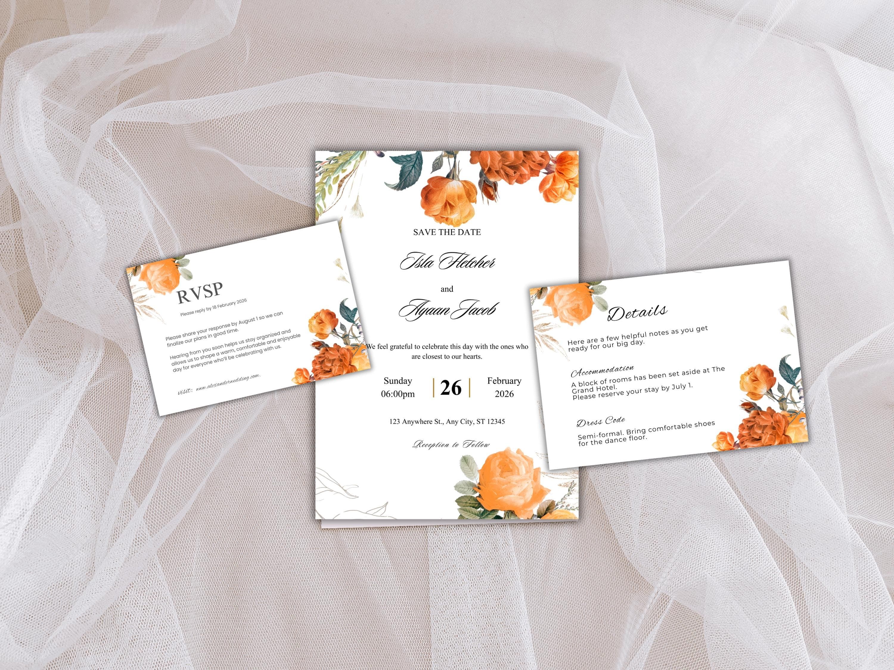 Wedding Invitation Set, RSVP, Dark Floral, Wedding Invitation, Details, Editable, Template, WI249