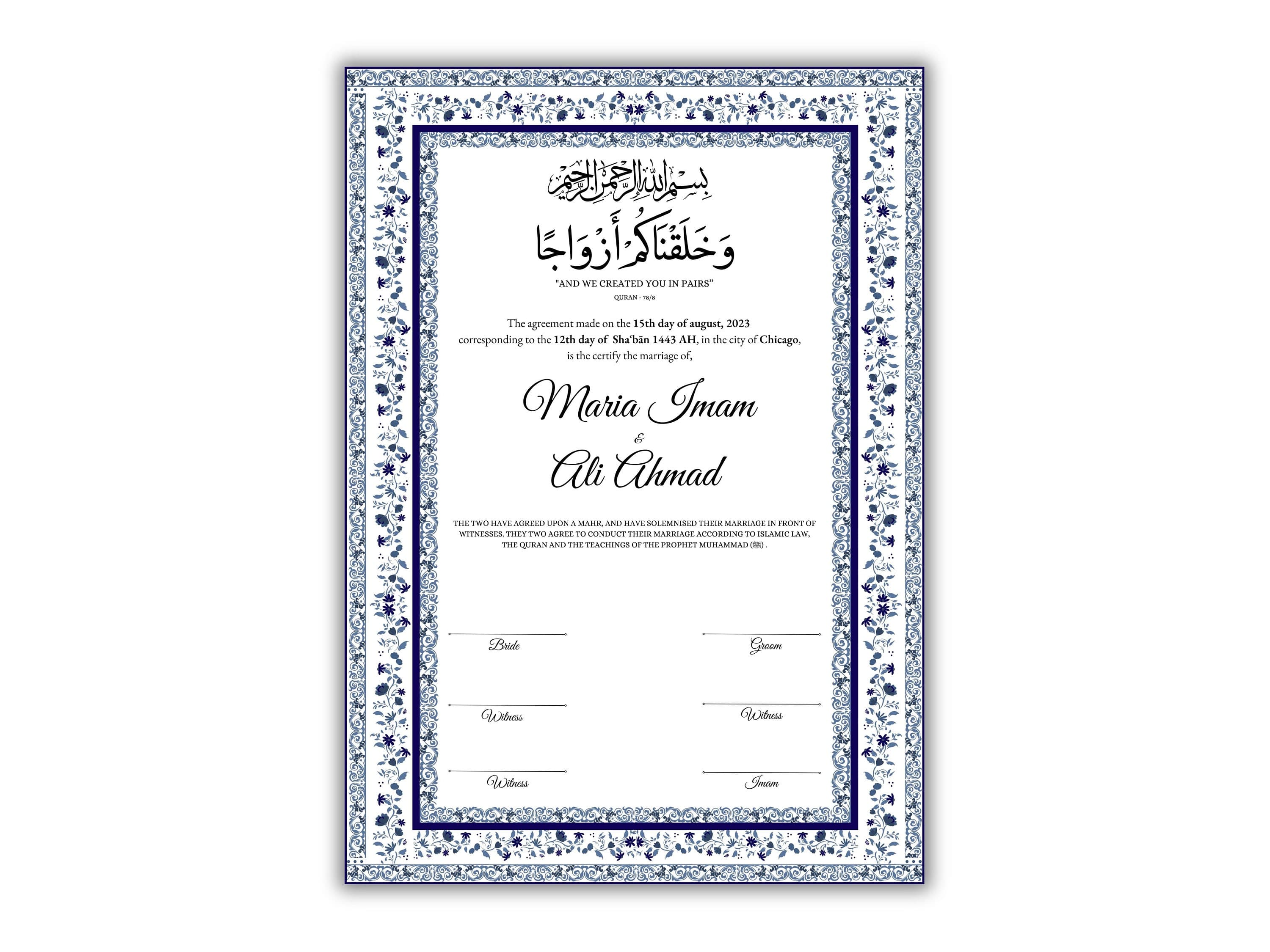 Nikkah Certificate Digital Download Personalized, Luxury  Nikkah Contract, Islamic Wedding Contract, Personalized Muslim Wedding Gift. 147