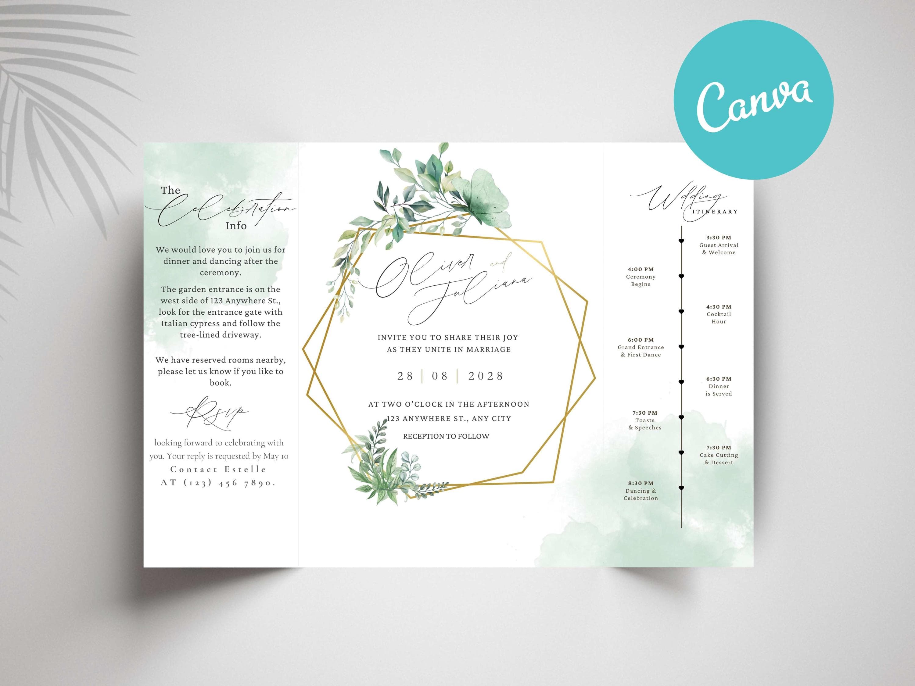 Greenery Trifold Wedding Invitation: Botanical Gold, Modern Minimalist (Digital Download)