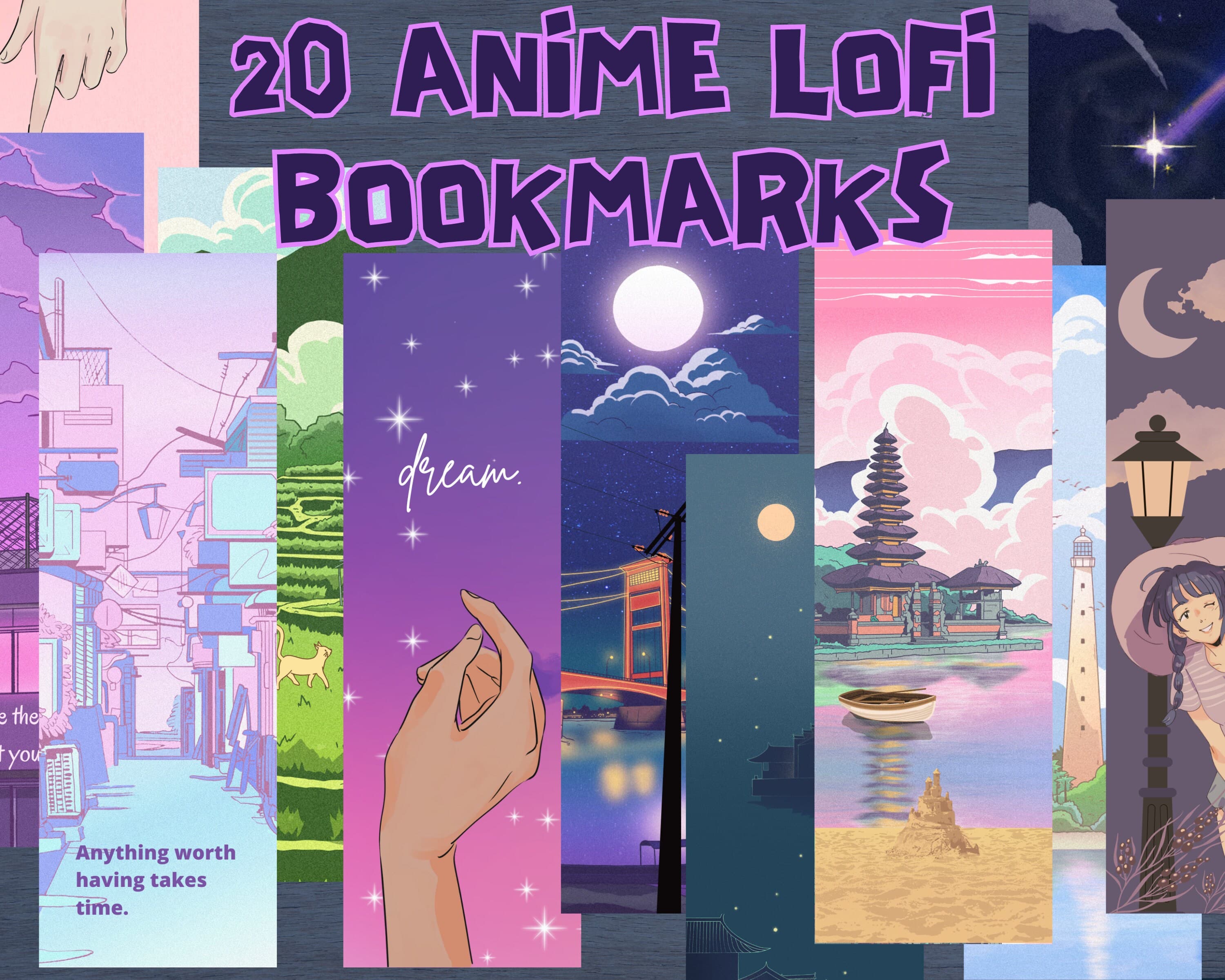 Anime Lofi Bookmarks – 20 Piece Aesthetic Printable Set (Digital Download)