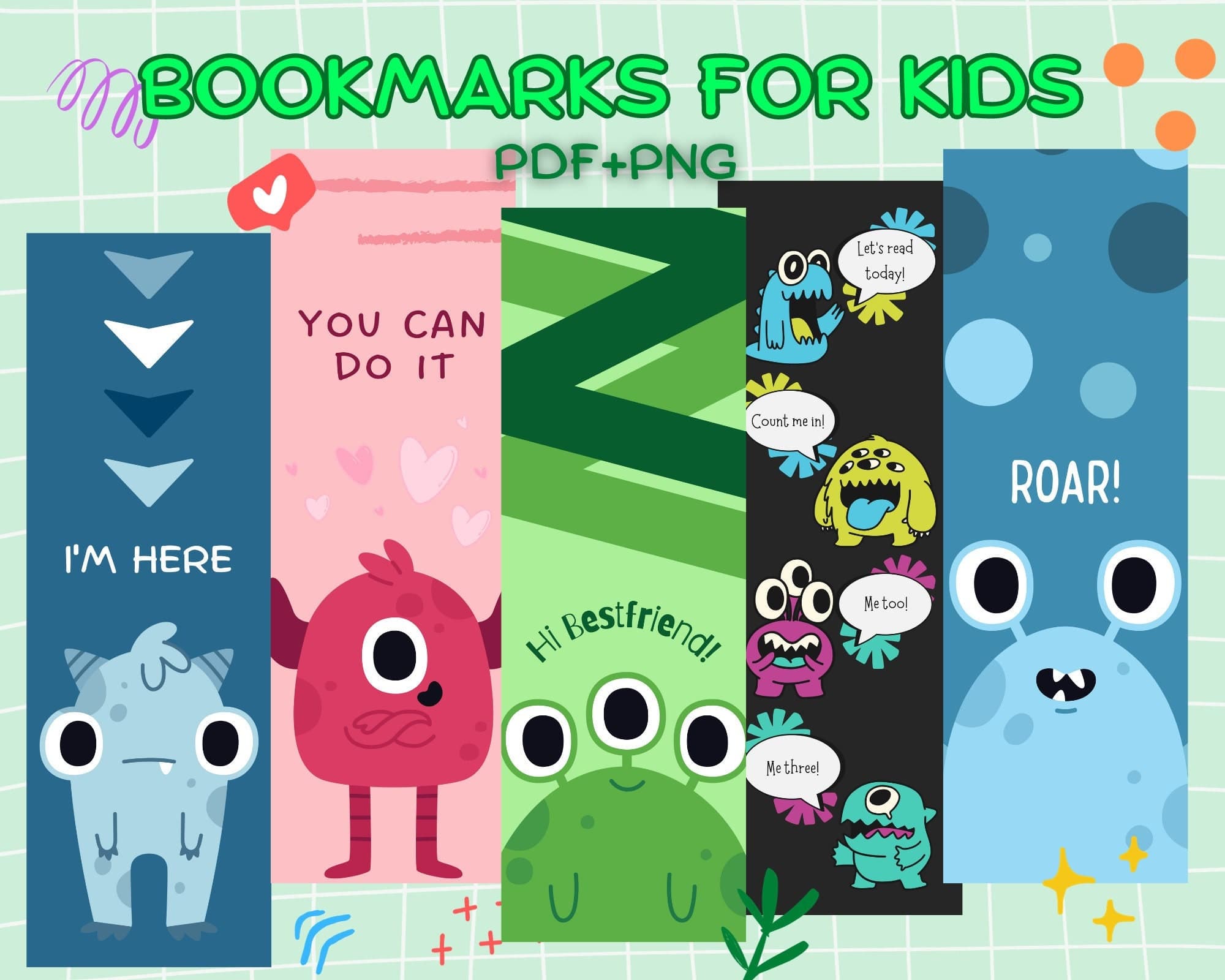 Cute Monster Bookmarks for Kids – Printable 6-inch (PDF & PNG)