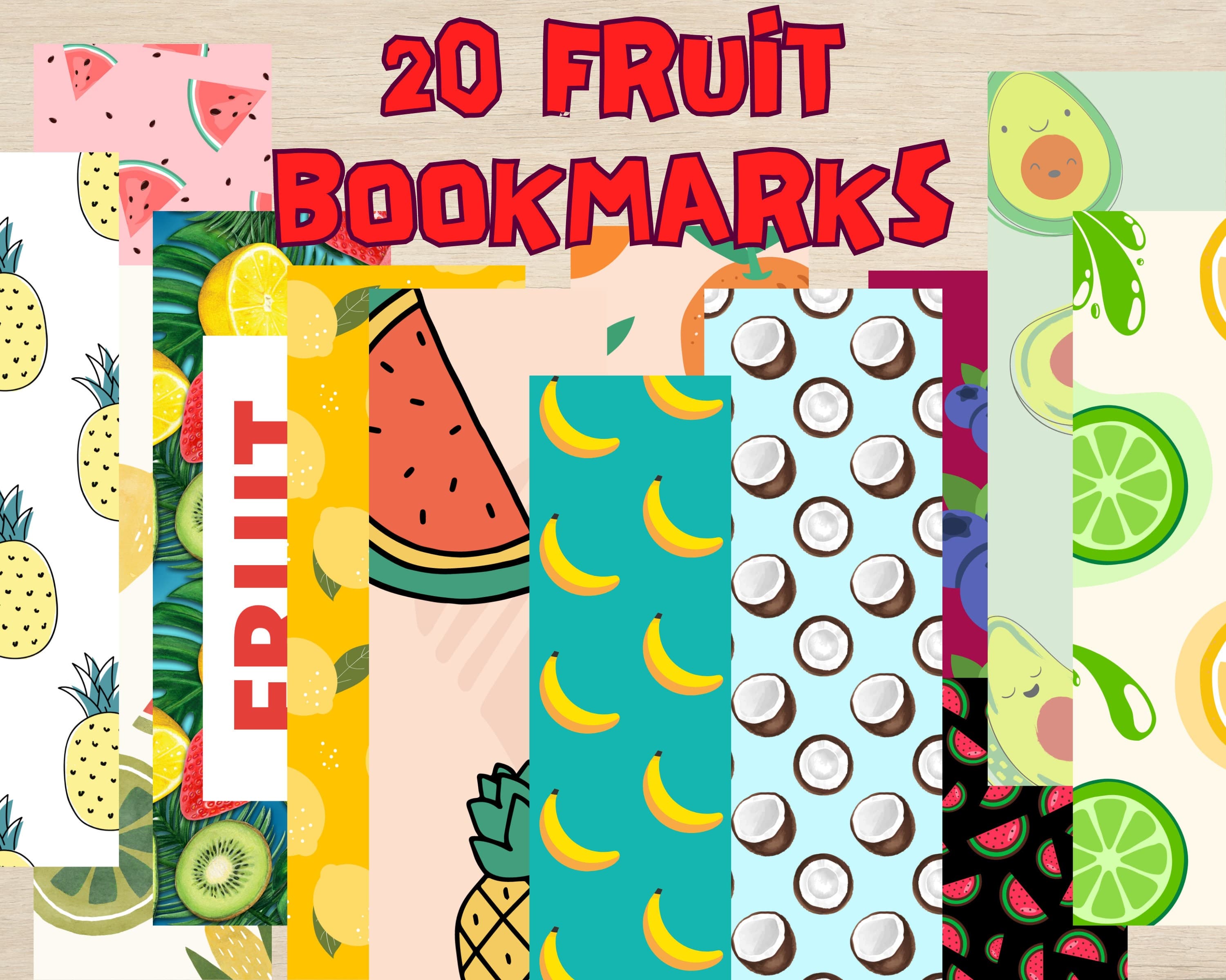Tropical Fruit Bookmarks – 20 Piece Printable Set (Digital Download)