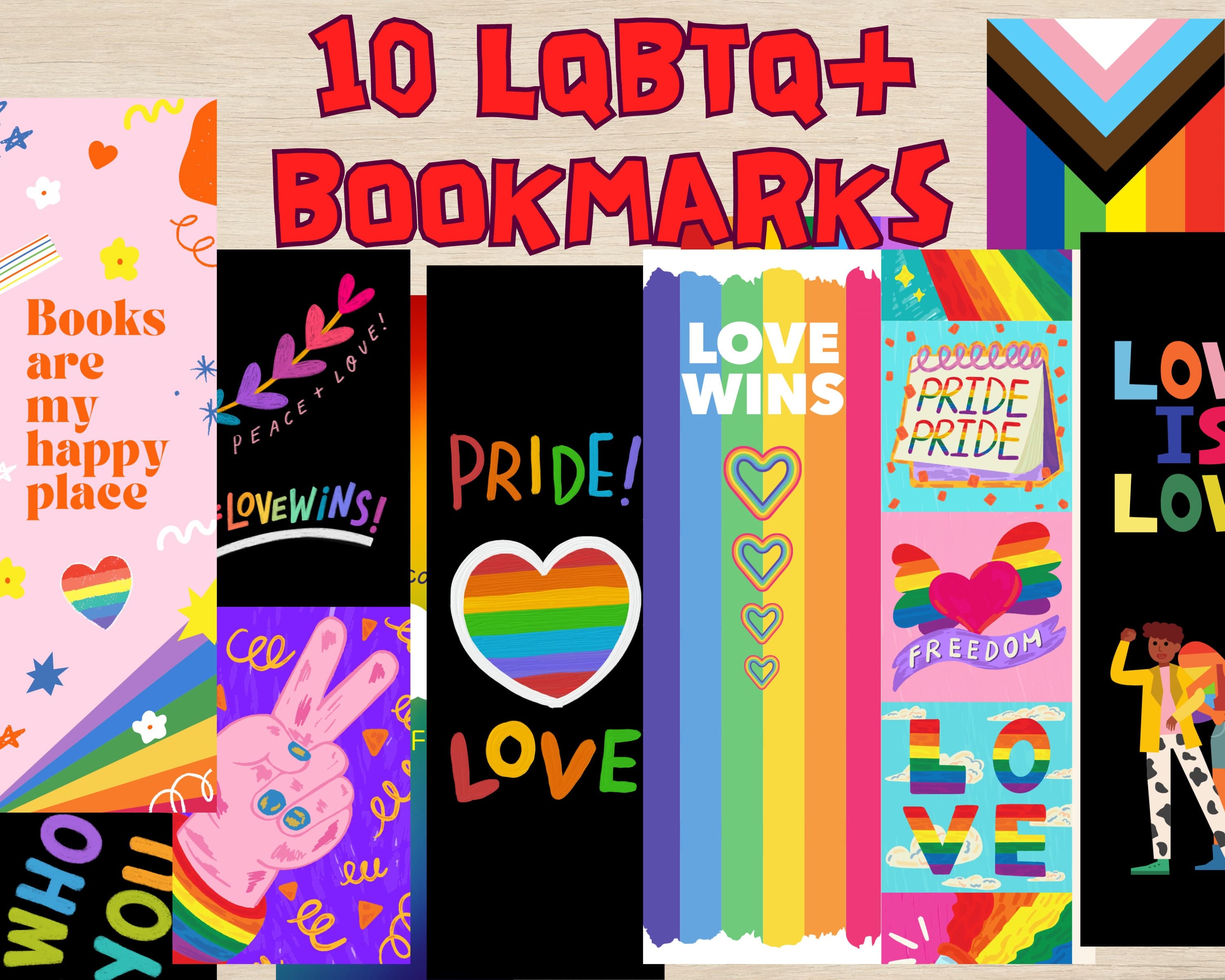 LGBTQ Pride Bookmarks - Colorful Designs, Set of 10 (Digital Download)