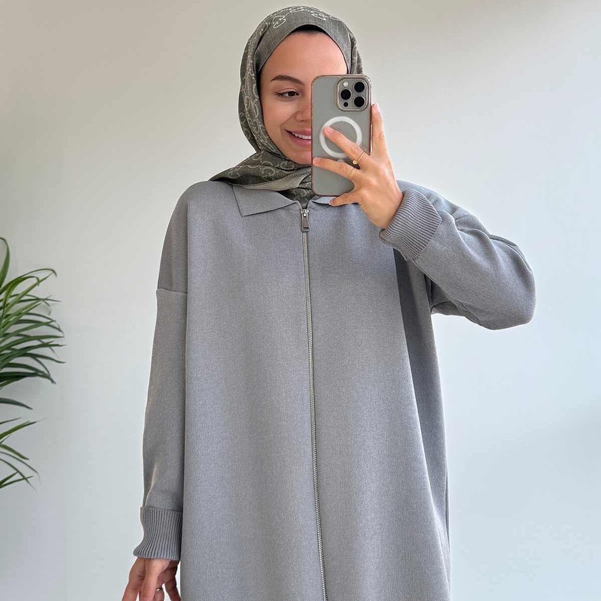 Modest Zippered Basic Double Mercerized Set – Casual Loose-Fit Two-Piece Outfit for Women – Long Sleeve Top & Wide Leg Pants,(KH-2042) - image 4