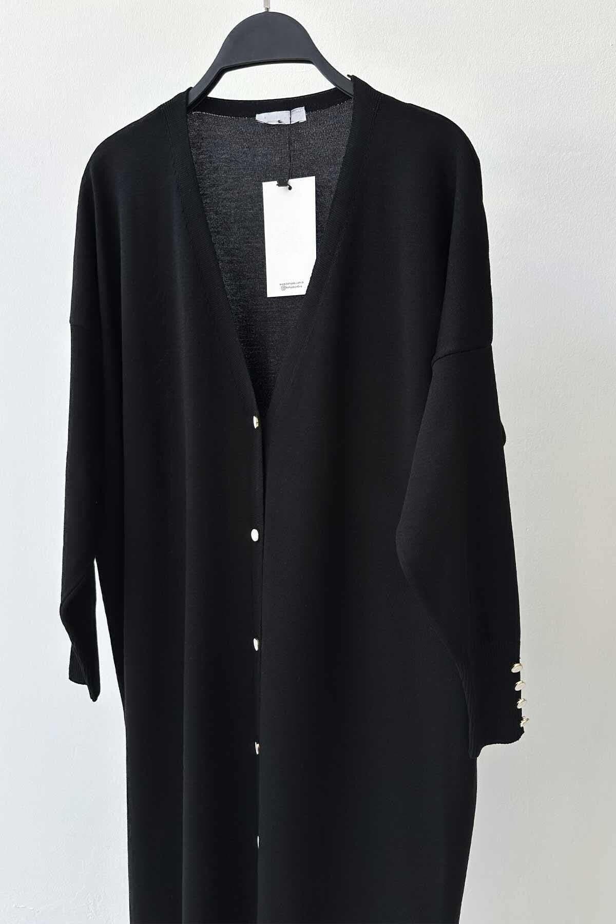 Elegant Black Maxi Length Buttoned Mercerized Cardigan - Chic Women's Long Knitwear - Stylish Black Cardigan for All Seasons,(KH-1804)