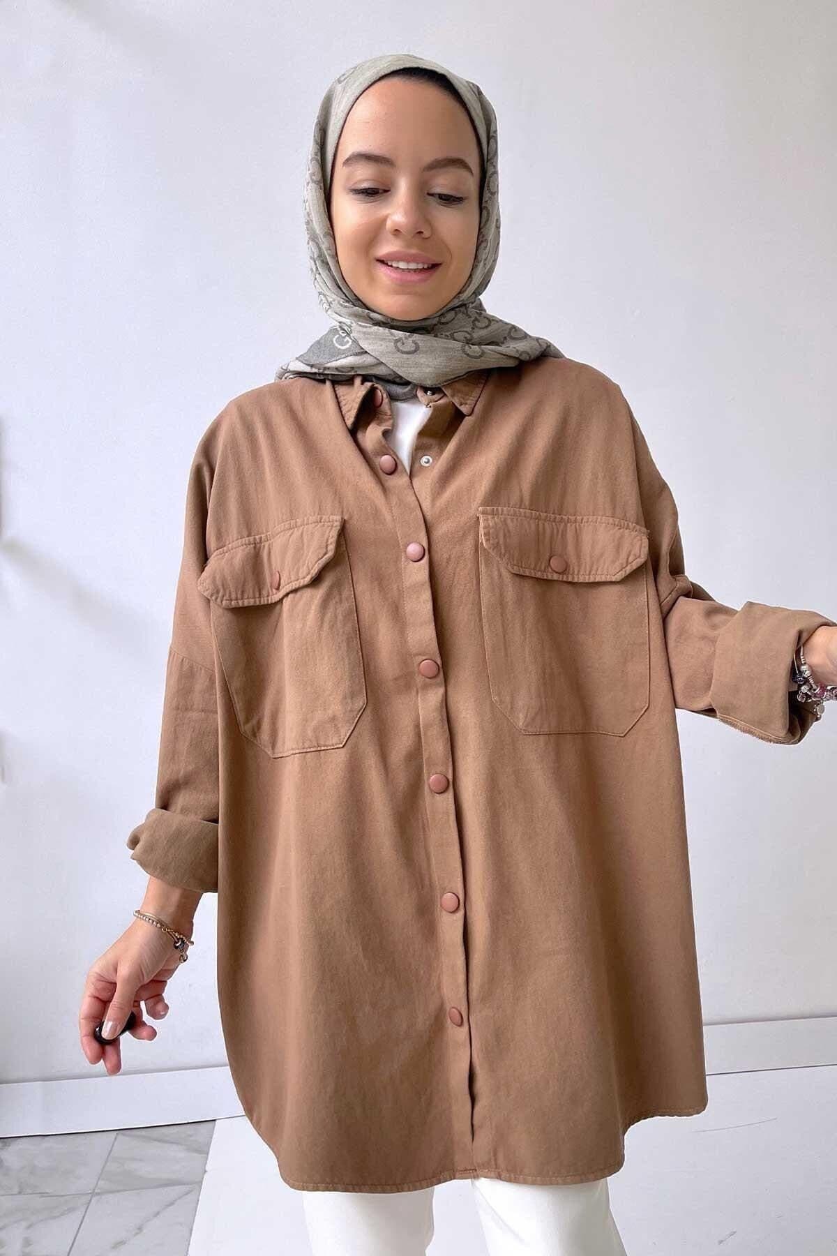 Brown Gabardine Oversized Shirt: Relaxed Fit, Pockets (Sizes 36-44)