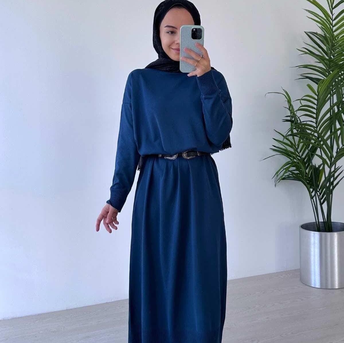 Petrol Blue Mercerized Knitwear Dress - Modest Long Sleeve Women’s Fashion for Casual - Formal Wear - Soft & Comfortable Outfit,(KH-1718)