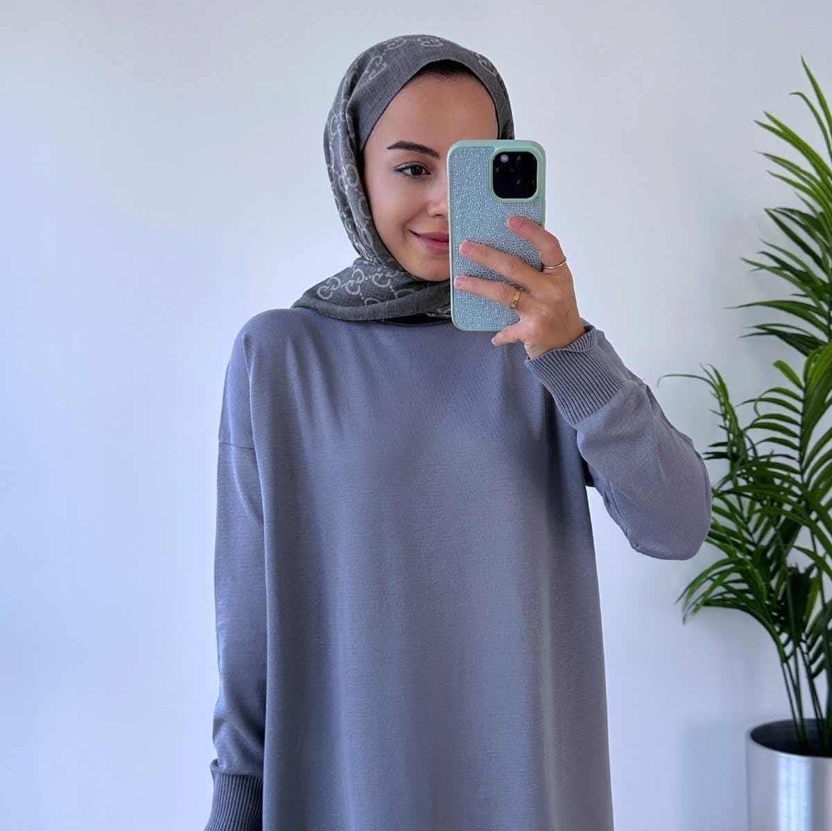 Gray Mercerized Knitwear Dress for Women - Modest Long-Sleeve Lightweight Ribbed Design - Perfect for Casual and Formal Occasions,(KH-1718)