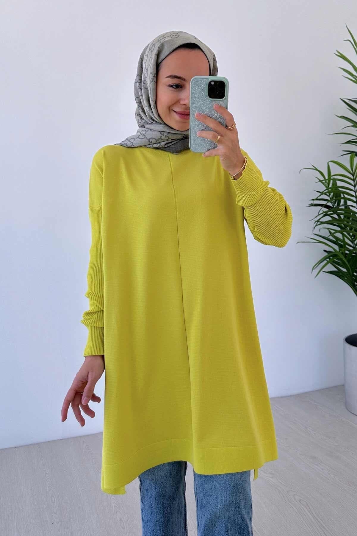 Elegant Oil Green Mercerized Tunic | Lightweight Modest Fashion | Asymmetrical Hem | Comfortable Knitwear for Every Occasion,(KH-1747)