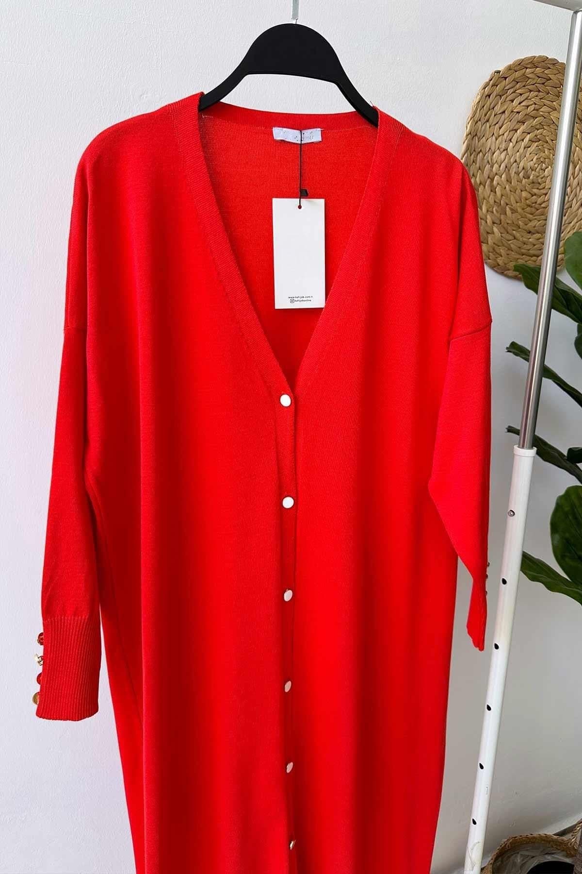 Elegant Red Maxi Length Buttoned Mercerized Cardigan - Women's Stylish Triko Knitwear, Long Sleeve Versatile Outerwear,(KH-1804)