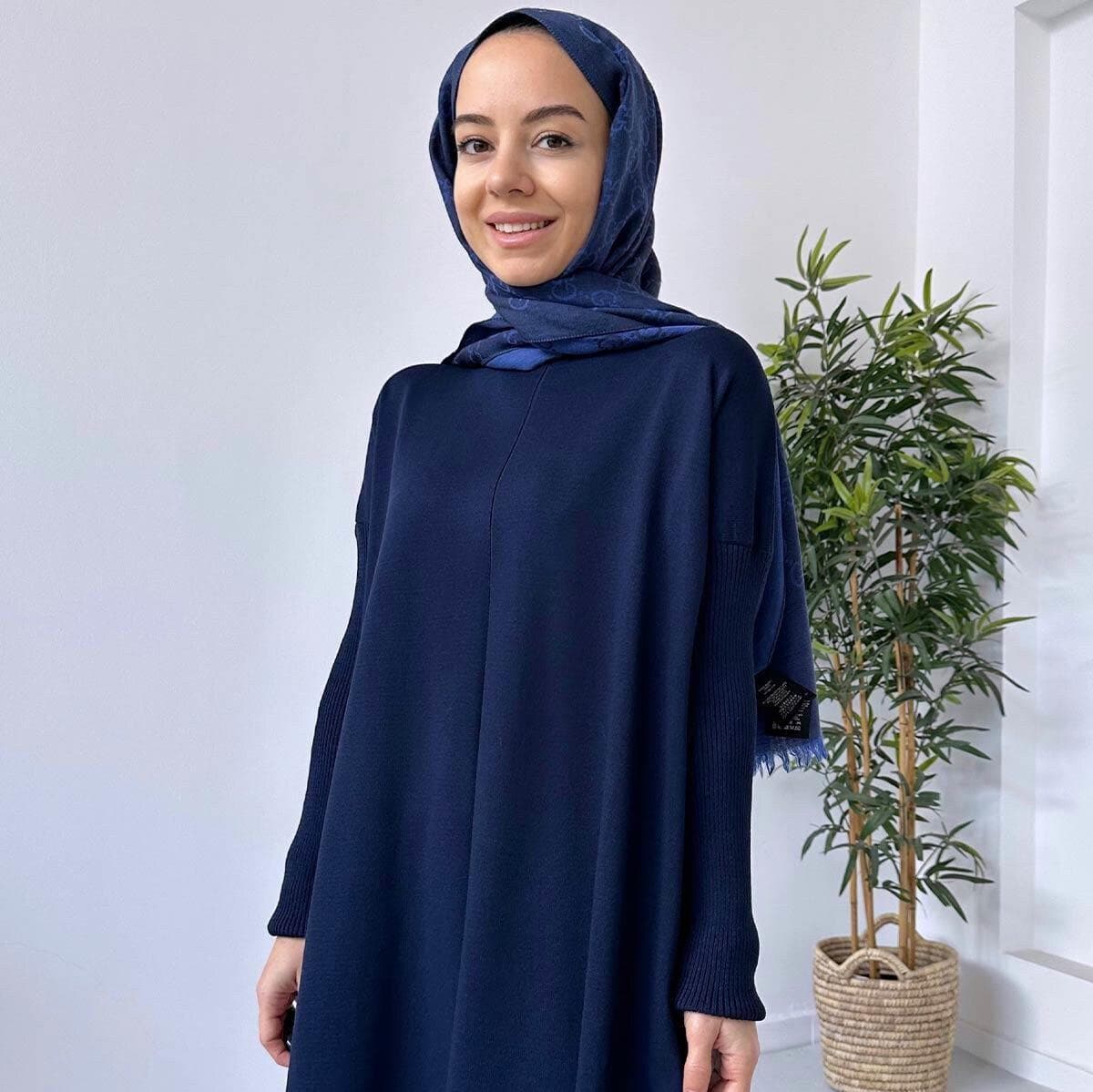 Elegant Navy Blue Mercerized Tunic for Women - Modest Fashion with Side Slit, Soft Fabric, Versatile Design for Every Season,(KH-1747)