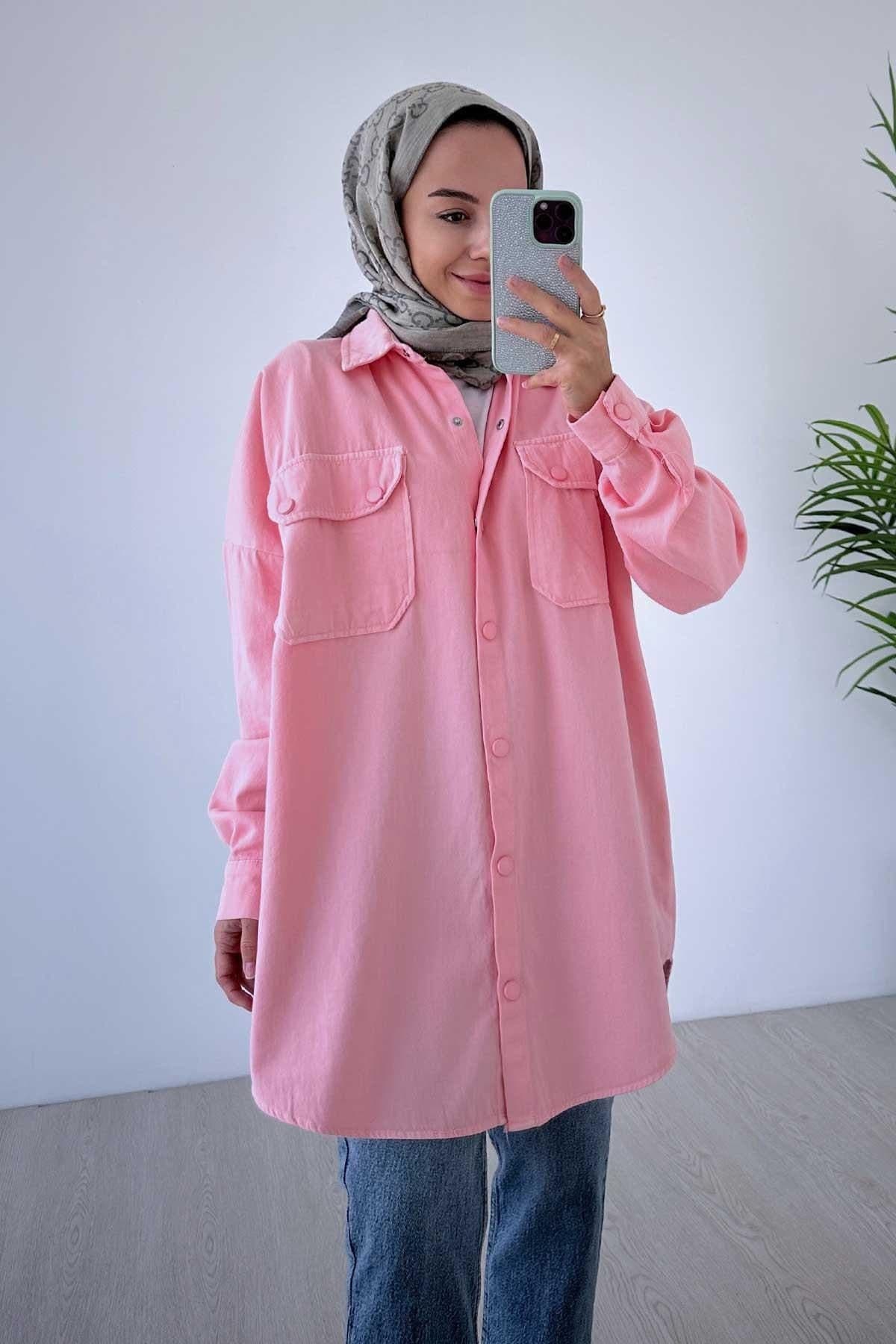 Soft Pink Oversized Shirt for Women, Gabardine Fabric, Modest Wear, Long Sleeve Button-Up, Casual Style, Size 36-44,(KH-1463)
