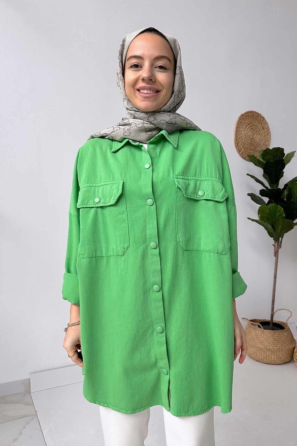 Trendy Green Soft Shirt for Women - Stylish Oversized Gabardine Design - Perfect for Everyday Casual and Modest Wear(KH-1463)