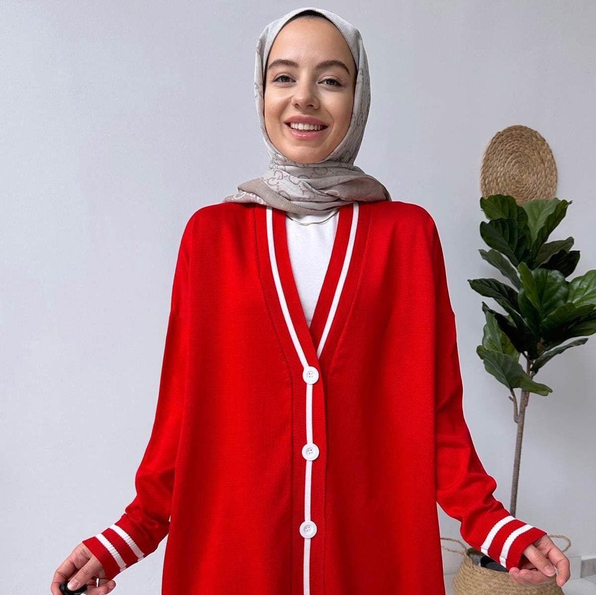 Women's Red Line Detail Button-Up Mercerized Cardigan - Trendy Knitwear with Striped Accents - Perfect for Casual or Work Outfits,(KH-1824)