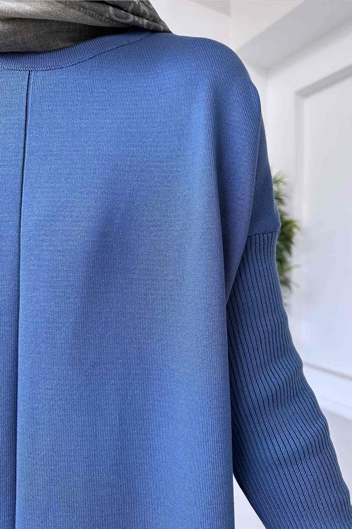 Indigo Mercerized Tunic - Women's Elegant Loose Fit Top with Side Slits, Long Sleeve, Lightweight Knit for Casual and Modest Wear,(KH-1747) - image 3