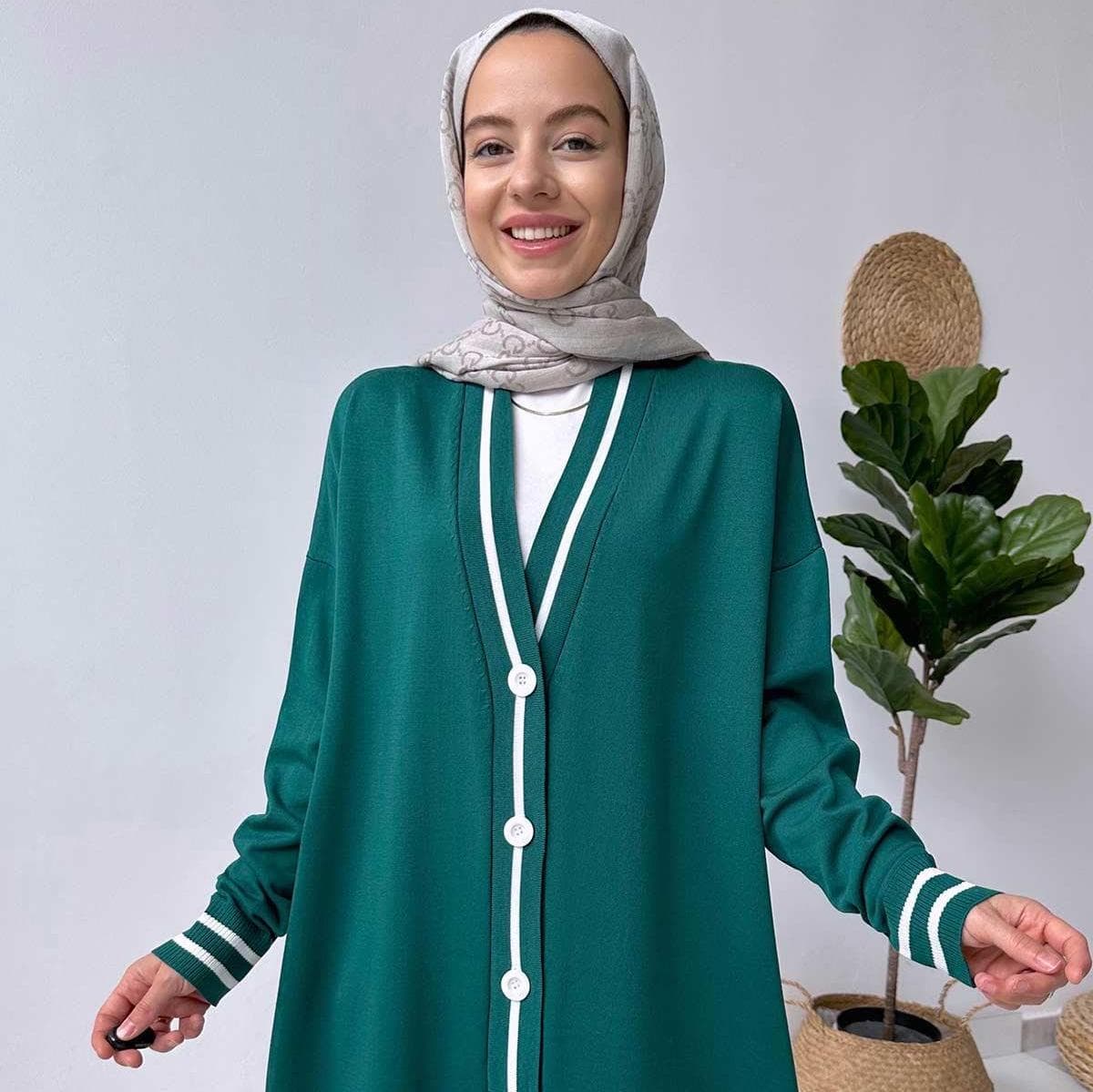 Emerald Green Mercerized Cardigan with Line Details, Button-Up Design, Modest Fashion Outerwear for Women, Lightweight Knitwear,(KH-1824)
