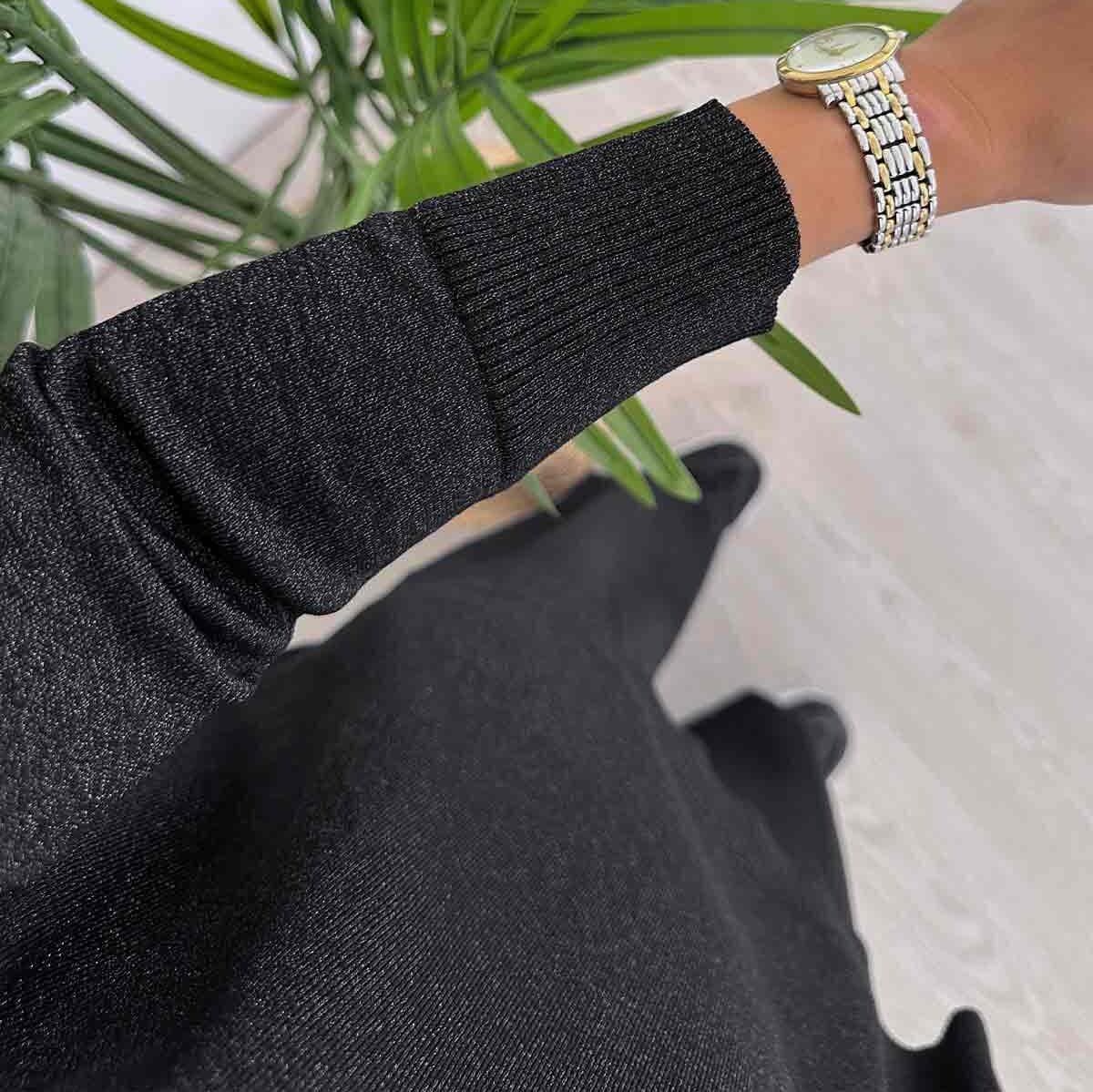 Black Sparkling Mercerized Suit for Women – Elegant Two-Piece Knitwear Set with Oversized Top and Wide-Leg Pants,(KH-1241) - image 5