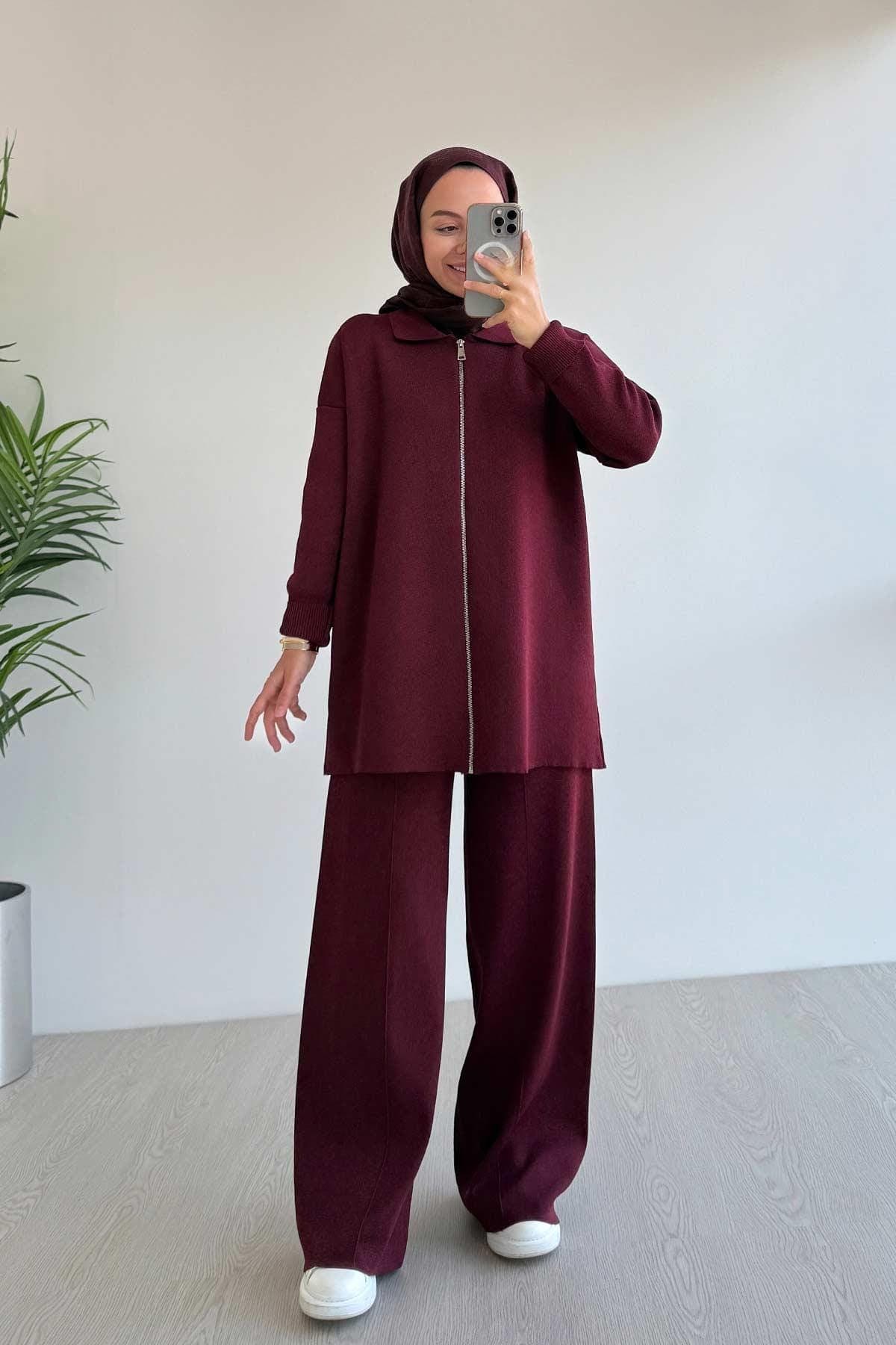 Modest Zippered Basic Double Mercerized Set – Casual Loose-Fit Two-Piece Outfit for Women – Long Sleeve Top & Wide Leg Pants,(KH-2042)