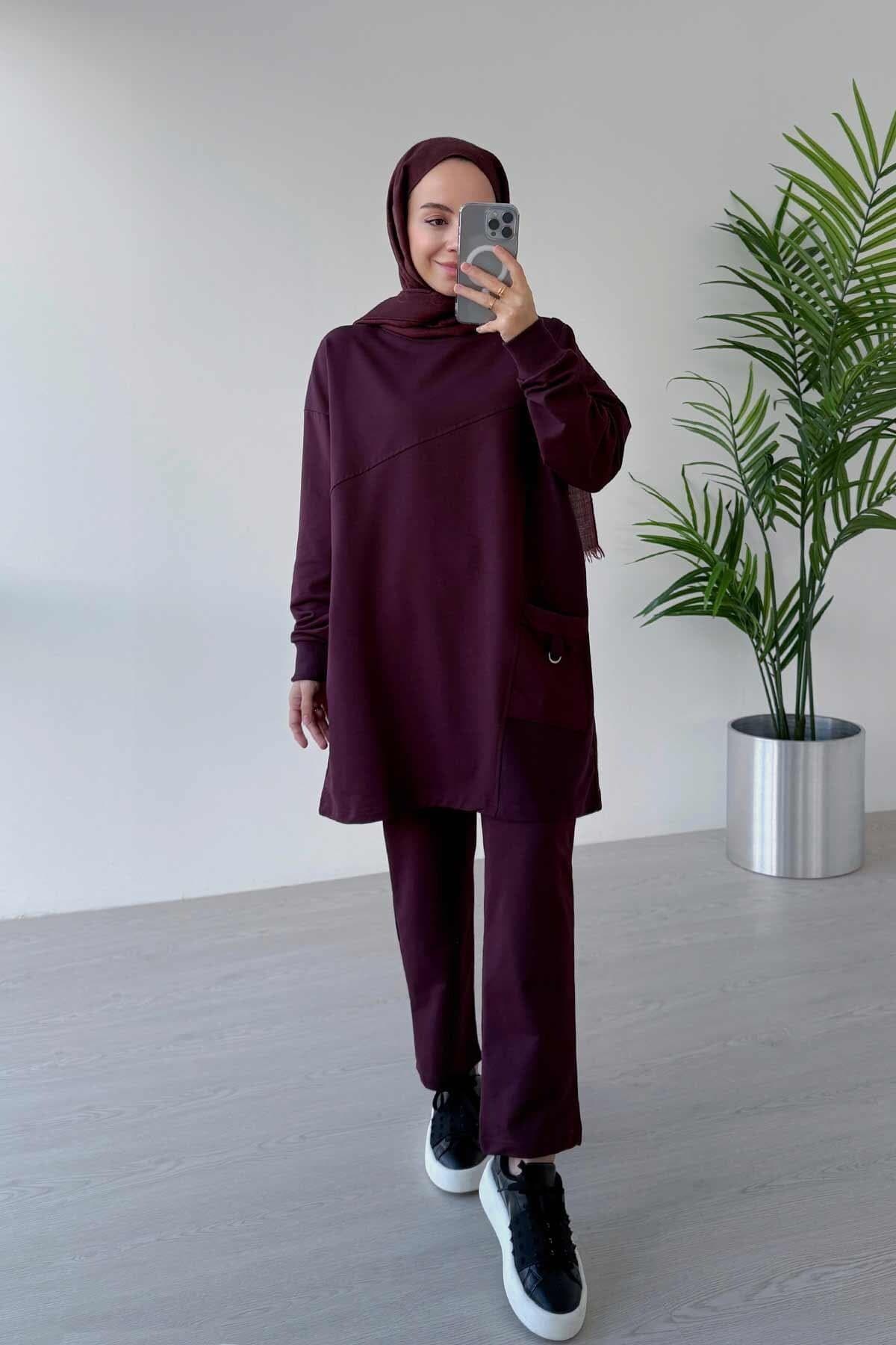 Burgundy Crew Neck Two Yarn Suit - Women's Modest Loungewear with Single Pocket, Relaxed Fit, and Comfortable Elastic Waist Pants,(KH-2021) - image 3