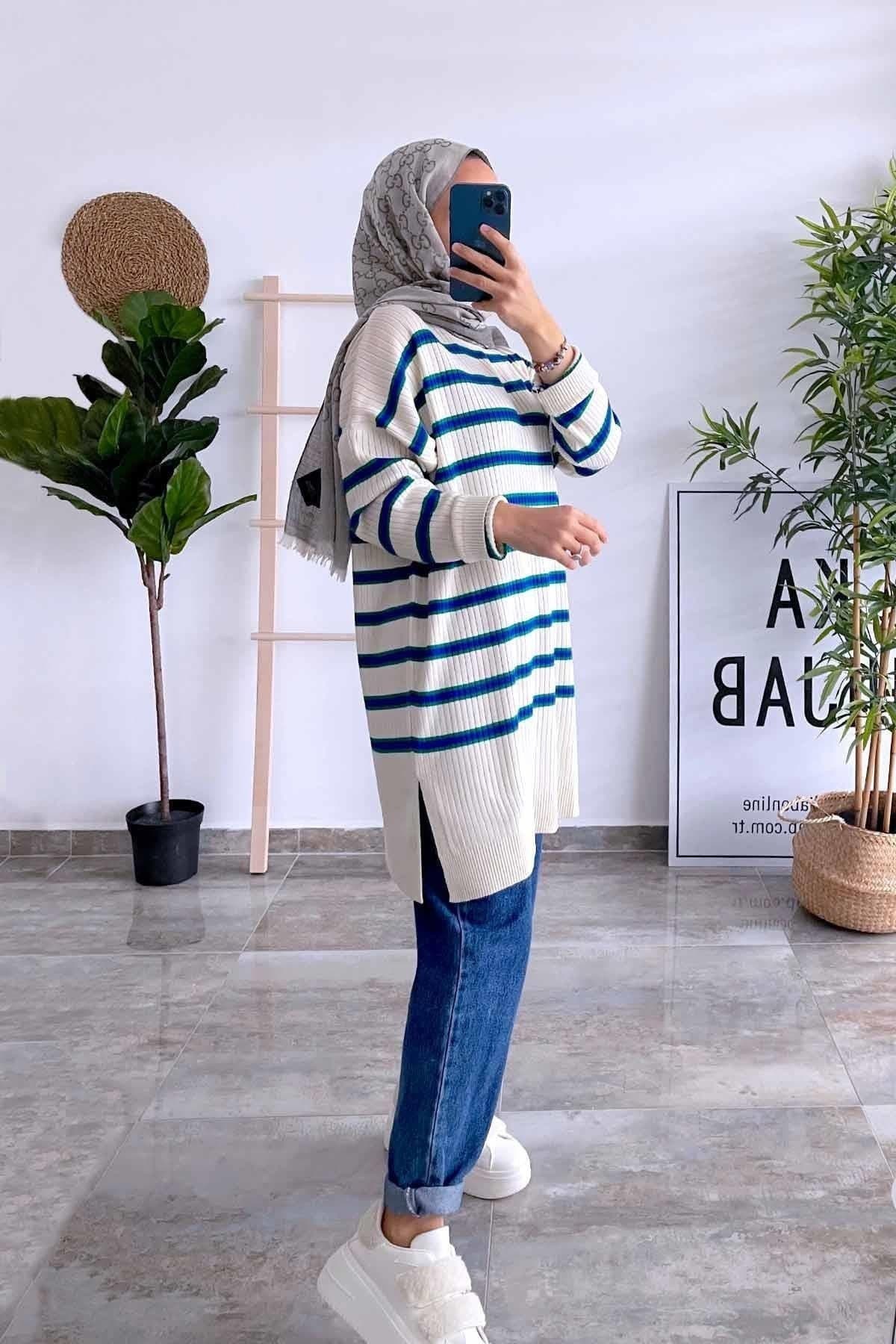 White and Blue Knitwear Tunic - Striped Longline Sweater for Women, Modest Fashion, Casual Chic, Perfect for All Seasons,(KH-1339)