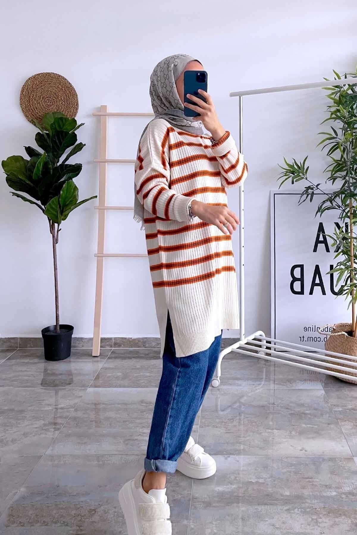 White and Orange Knitwear Tunic - Striped Modest Long Sweater for Women, Cozy and Trendy, Perfect for Casual and Layered Looks,(KH-1339)