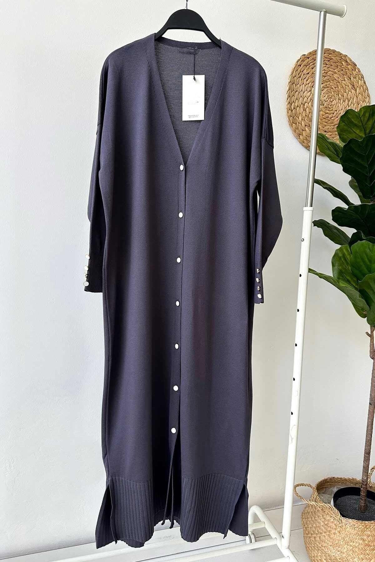 Smoked Gray Maxi Length Buttoned Mercerized Cardigan for Women, Elegant Knitwear with Sleeve Details, Casual and Formal Style,(KH-1804)