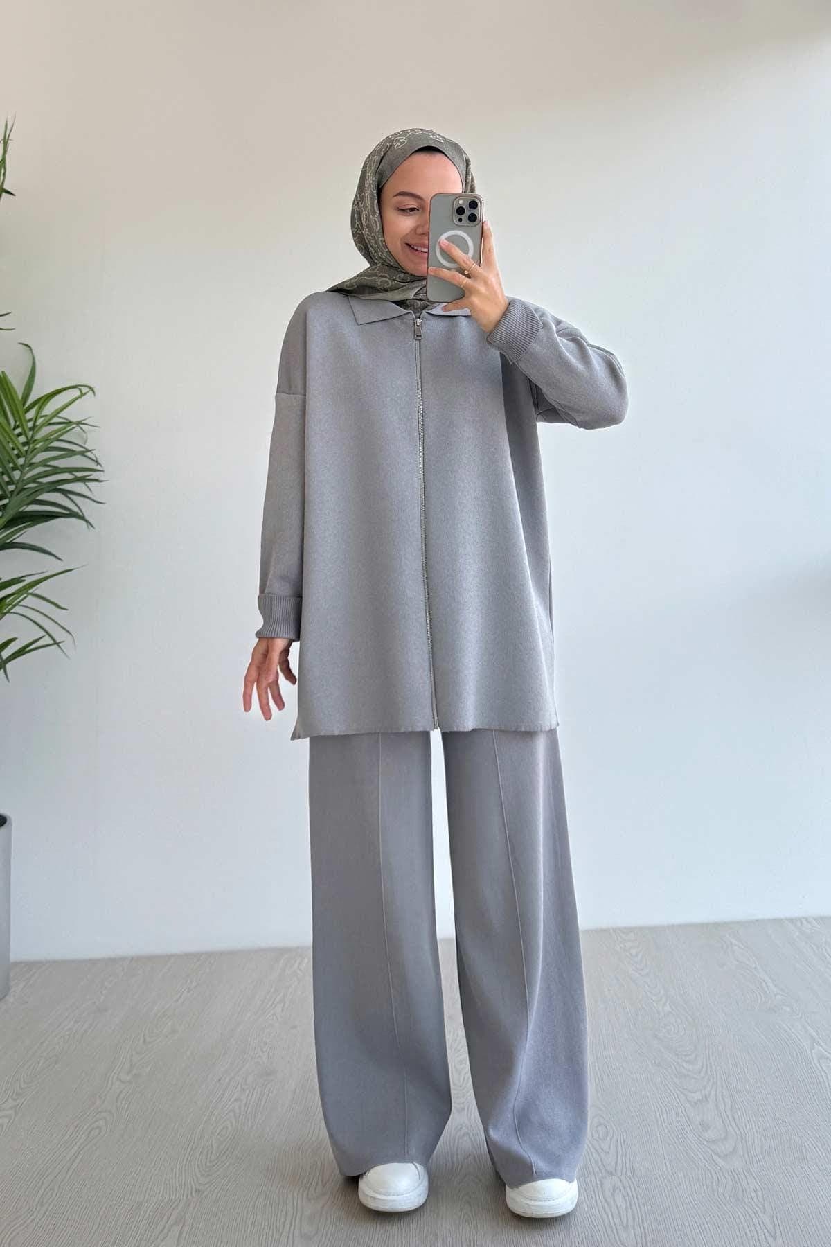 Modest Zippered Basic Double Mercerized Set – Casual Loose-Fit Two-Piece Outfit for Women – Long Sleeve Top & Wide Leg Pants,(KH-2042) - image 5