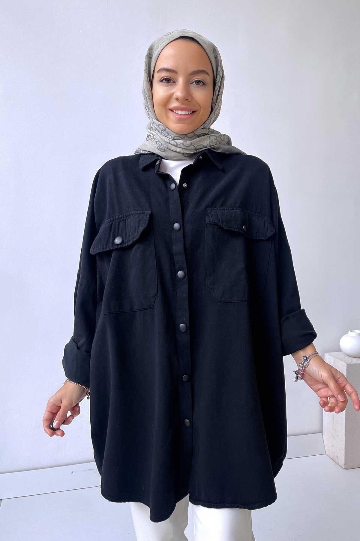 Timeless Black Soft Shirt for Women - Oversized Button-Up Gabardine Shirt with Front Pockets, Modest Casual Wear, Sizes 36-44(KH-1463)