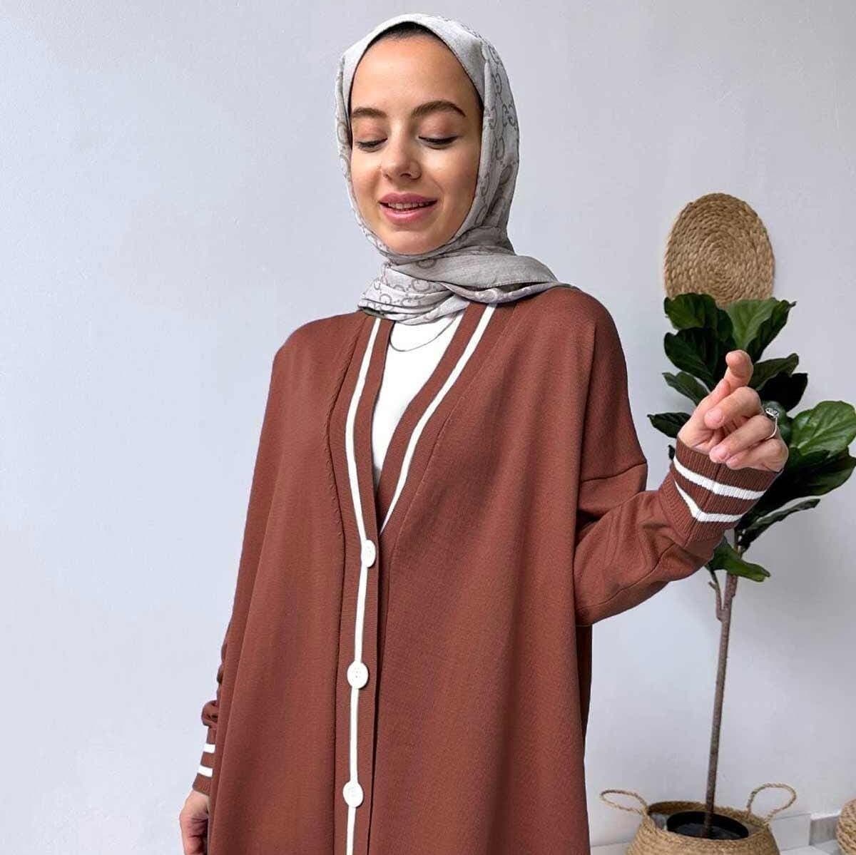 Elegant Brown Mercerized Cardigan with Line Details and Buttons, Lightweight Knitwear for Women - Modest Casual Style,(KH-1824)