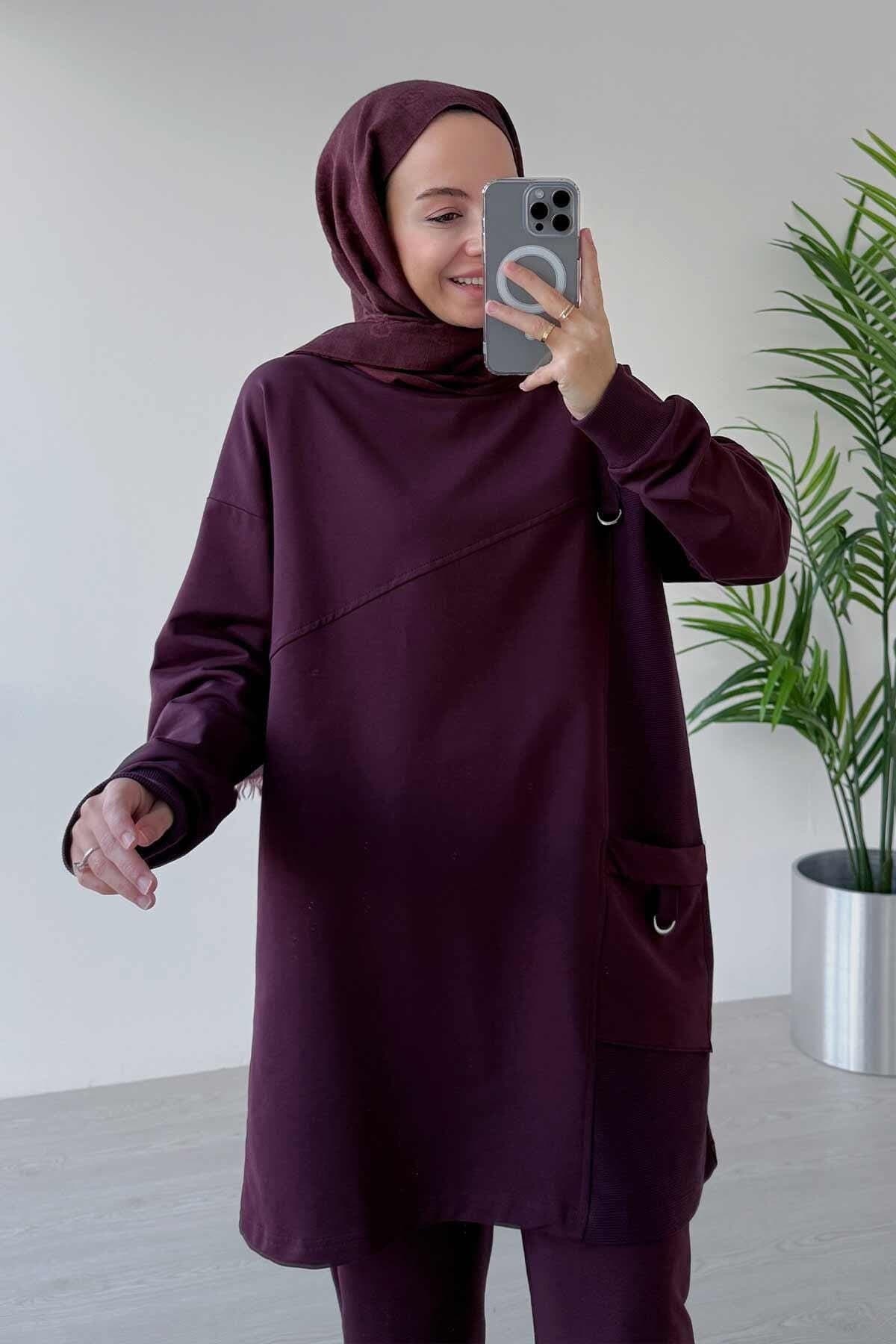 Burgundy Crew Neck Two Yarn Suit - Women's Modest Loungewear with Single Pocket, Relaxed Fit, and Comfortable Elastic Waist Pants,(KH-2021)
