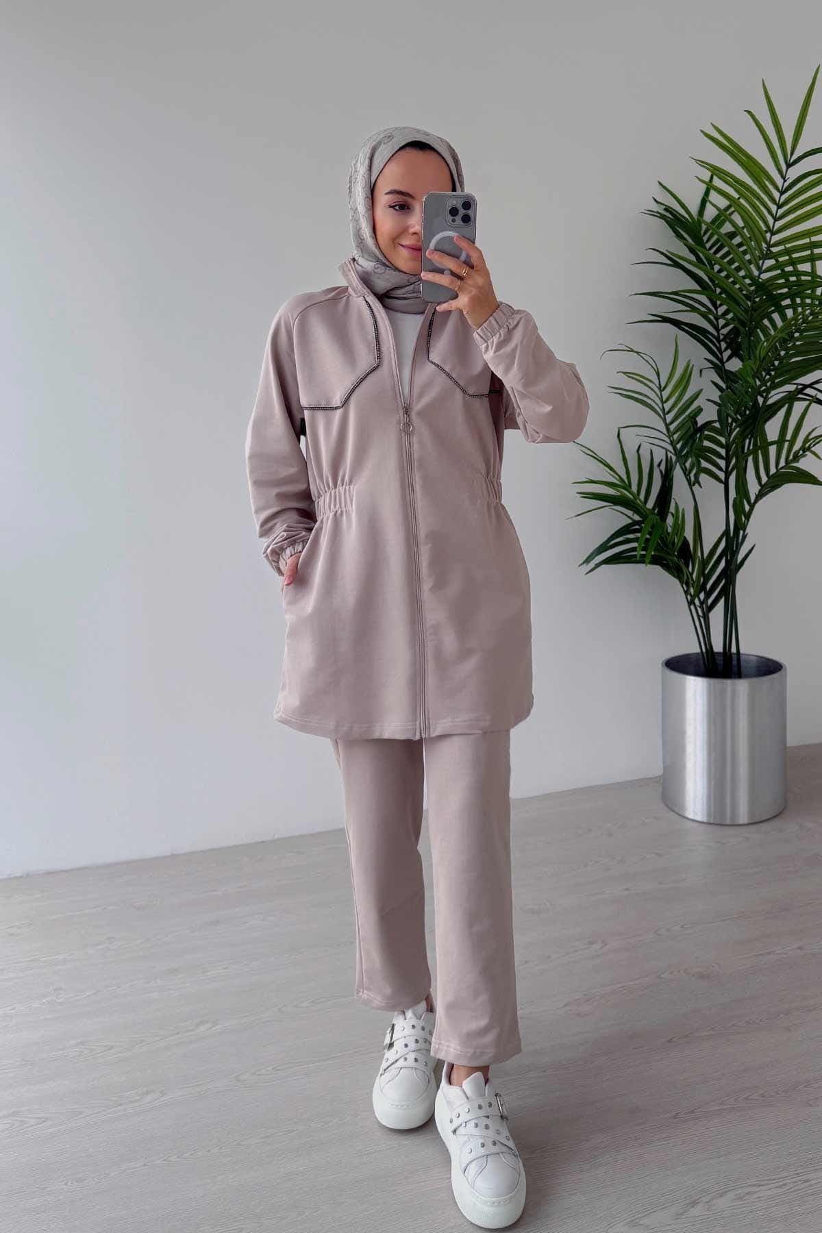 Stone Piping Waist Elastic Two Yarn Set - Modest Beige Outfit with Comfortable Fit for Casual and Activewear | Trendy Women's Set,(KH-2020) - image 3