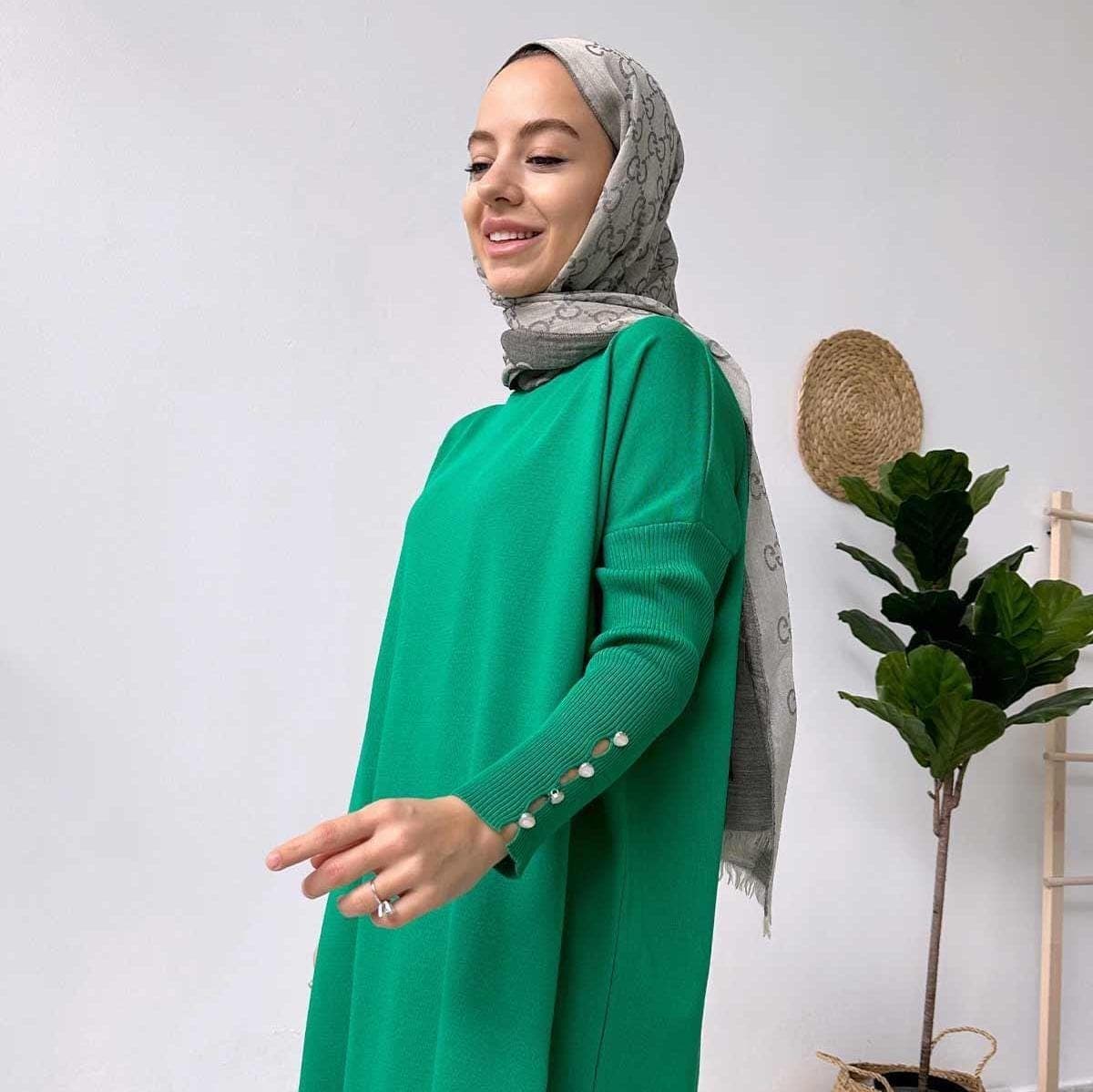 Classic Green Sleeve Detail Tunic | Mercerized Fabric | Perfect for Modest Fashion & Everyday Casual Style,(KH-1795)