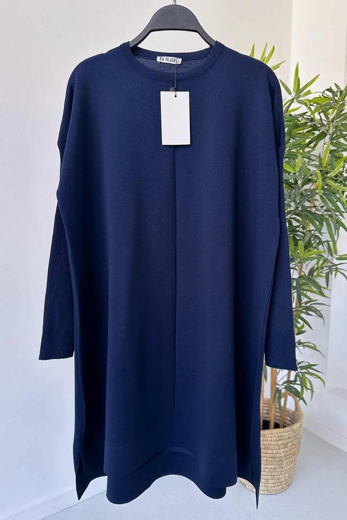 Elegant Navy Blue Mercerized Tunic for Women - Modest Fashion with Side Slit, Soft Fabric, Versatile Design for Every Season,(KH-1747) - image 2