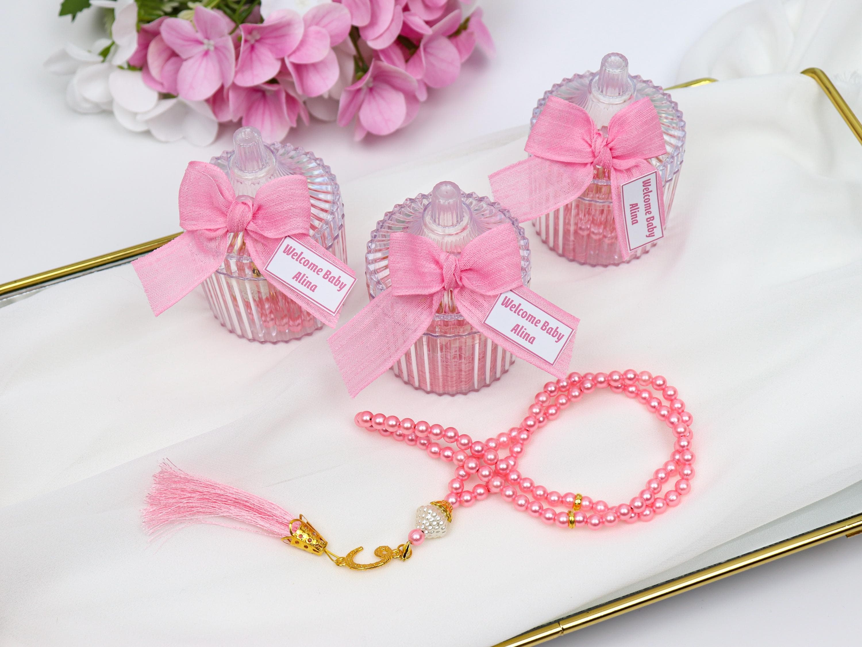 Custom Pink Pearl Tasbeeh: Welcome Baby Shower Favor for Girl, Islamic Gifts, Prayer Beads - image 4