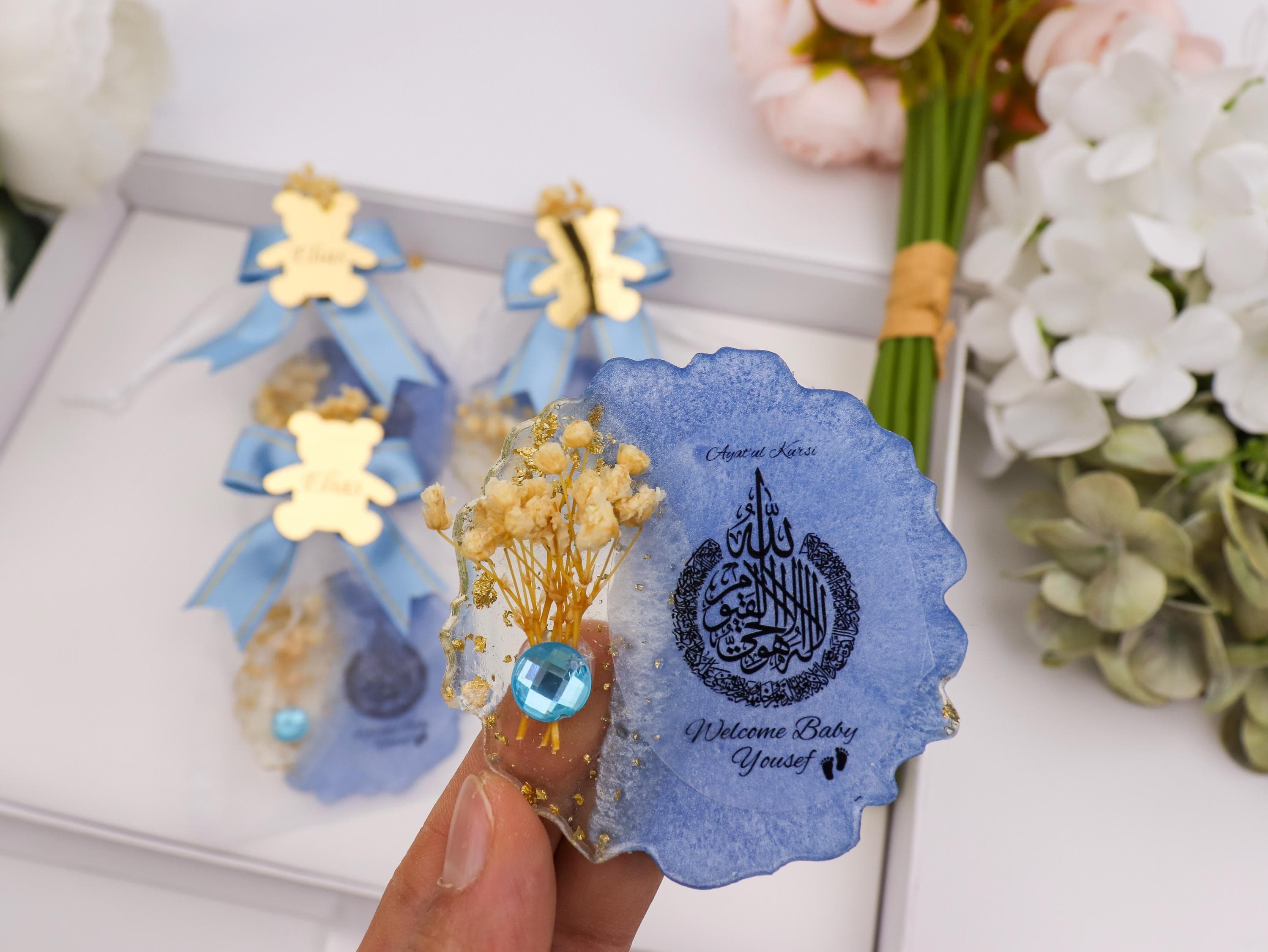 Personalized Blue Ayatul Kursi Magnet with Gold Mirror Tag, Welcome Baby Shower Favor