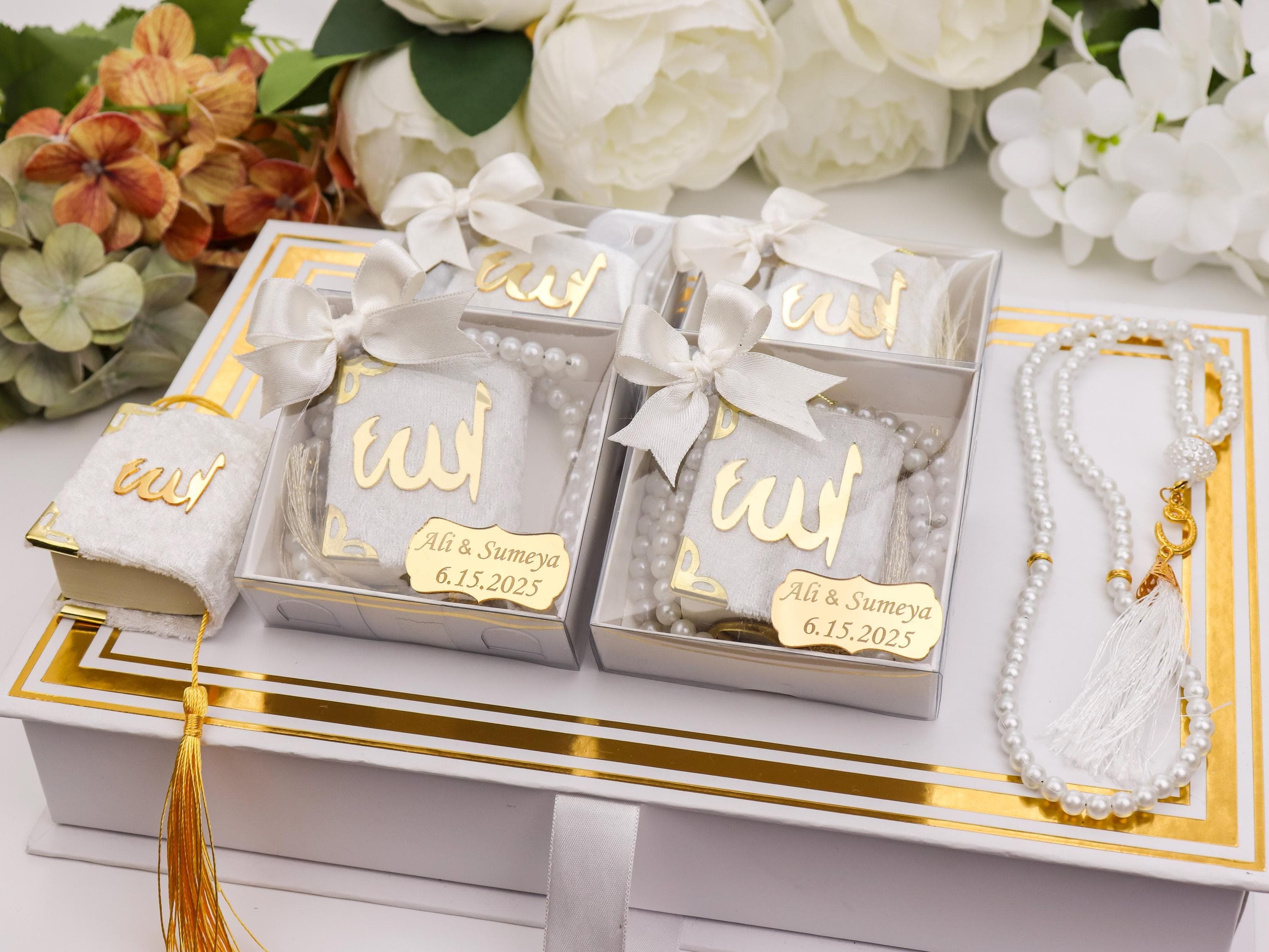 Personalized Mini Quran, Pearl Tasbih Gift Set, Islamic Wedding, Nikkah, Hajj Umrah, Baby Shower
