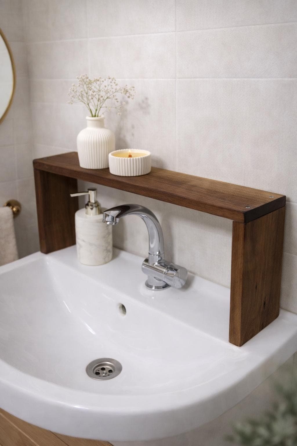 Walnut Wood Over-the-Sink Shelf: Bathroom & Kitchen Organizer, Bath Design