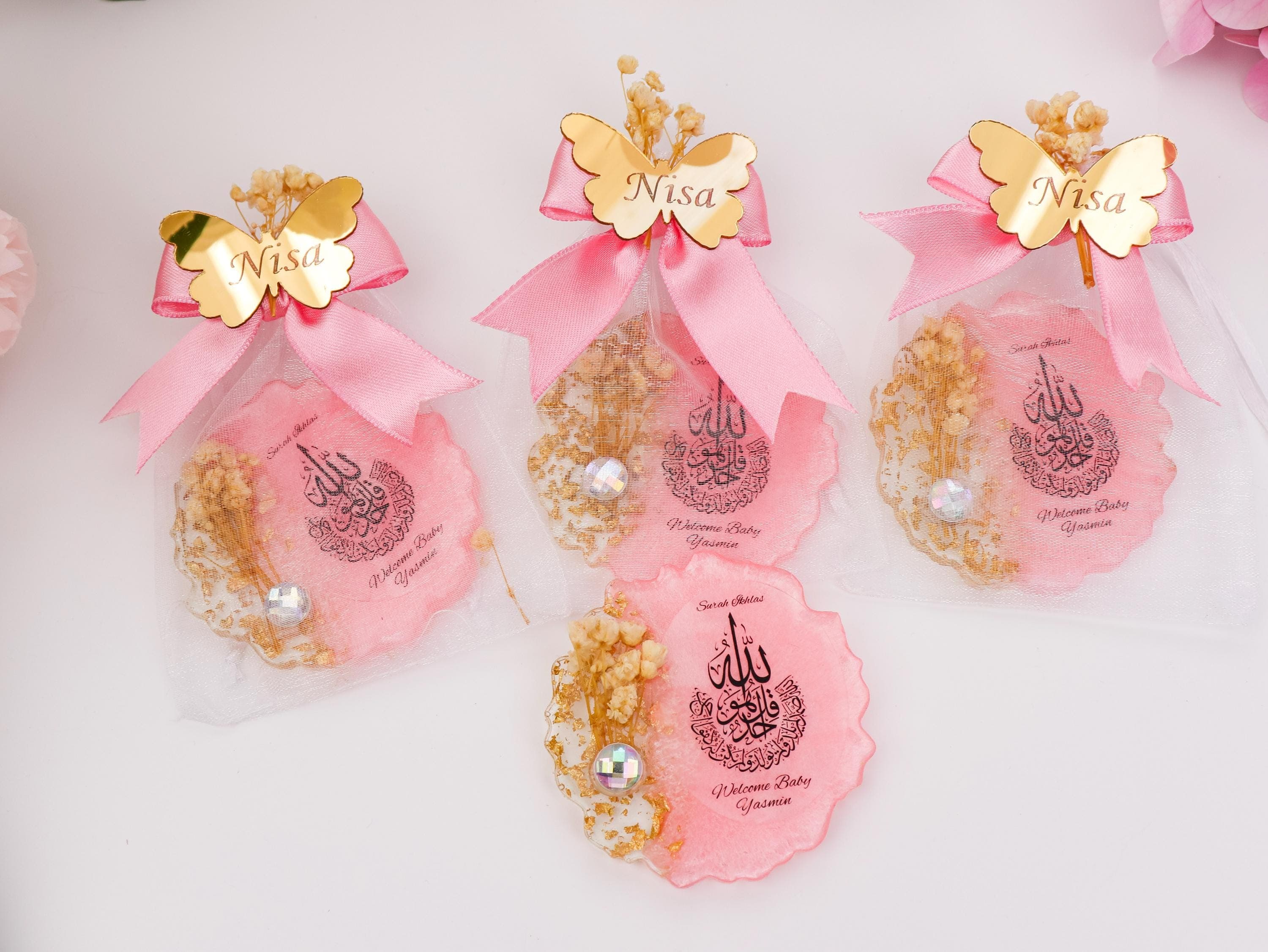 Personalized Pink Surah Ikhlas Magnet with Gold Mirror Tag, Welcome Baby Shower Favor - image 4