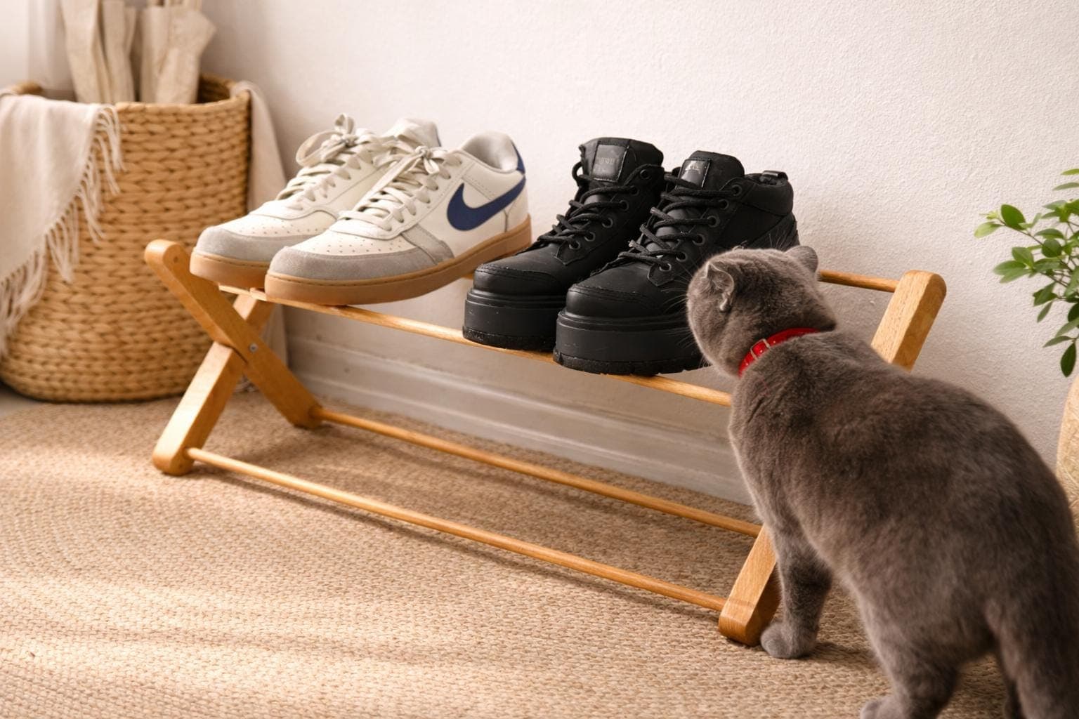 Chestnut Wood Shoe Rack, Unique X-Frame Design, Minimalist Narrow Entryway Storage, Freestanding Floor Organizer