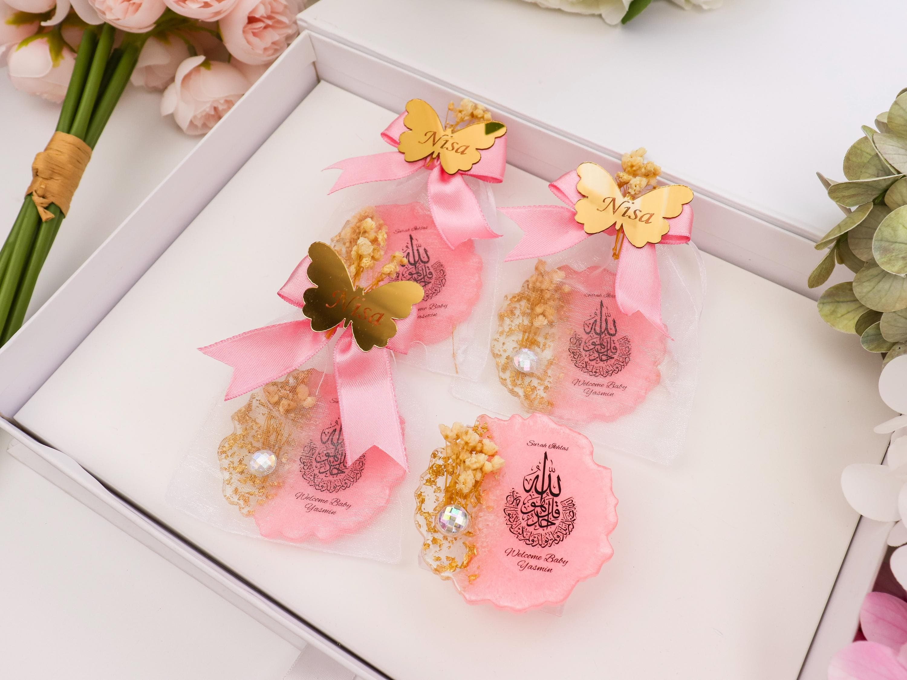 Personalized Pink Surah Ikhlas Magnet with Gold Mirror Tag, Welcome Baby Shower Favor - image 3
