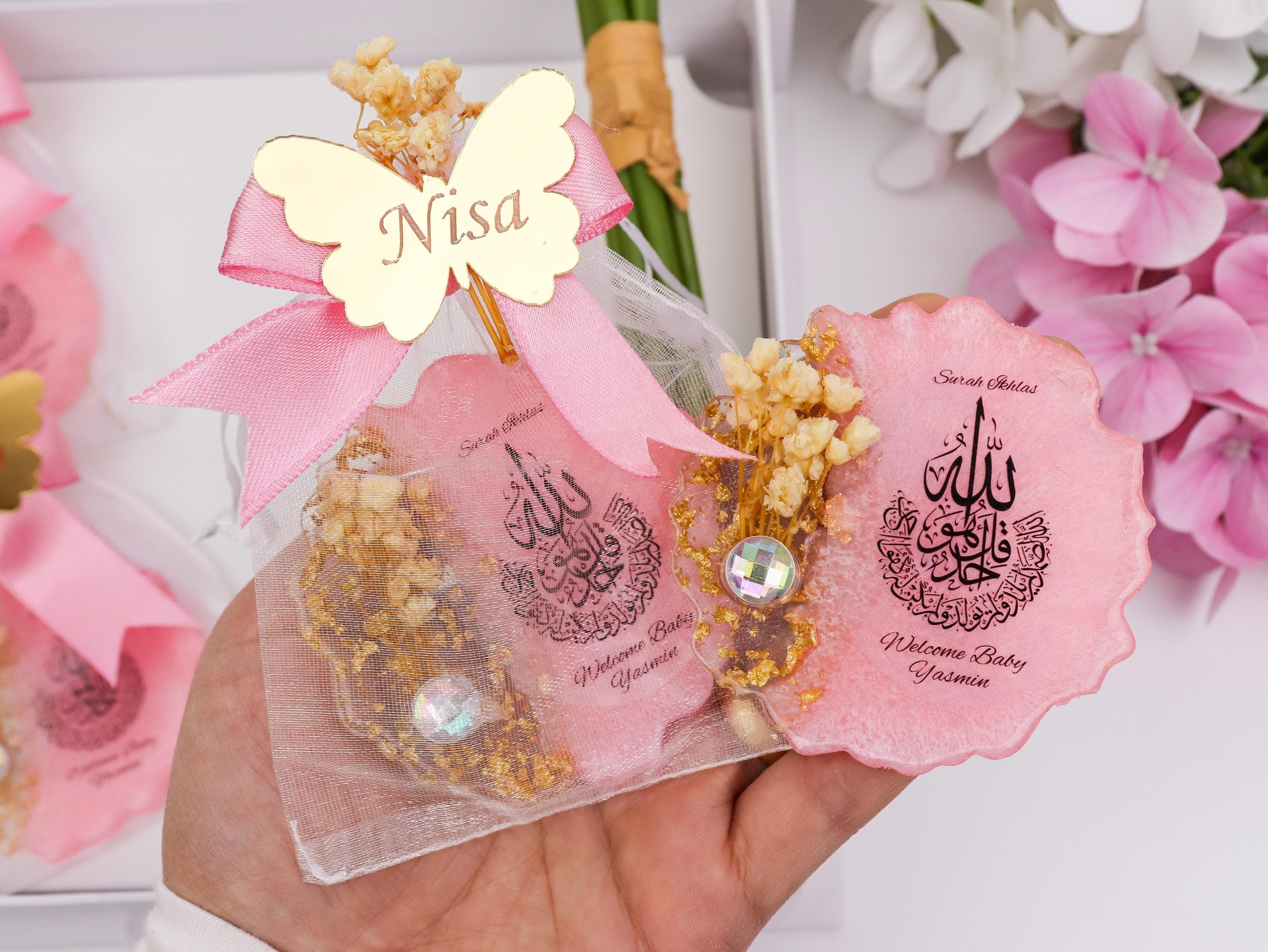 Personalized Pink  Surah Ikhlas Magnet with Gold Mirror Tag, Welcome Baby Shower Favor