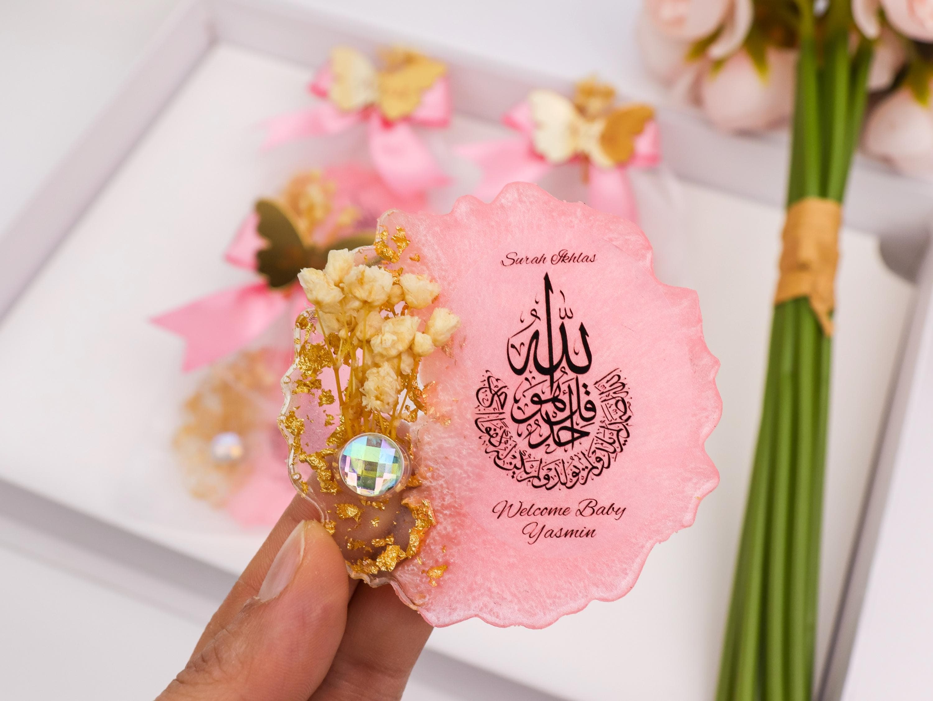 Personalized Pink Surah Ikhlas Magnet with Gold Mirror Tag, Welcome Baby Shower Favor - image 5