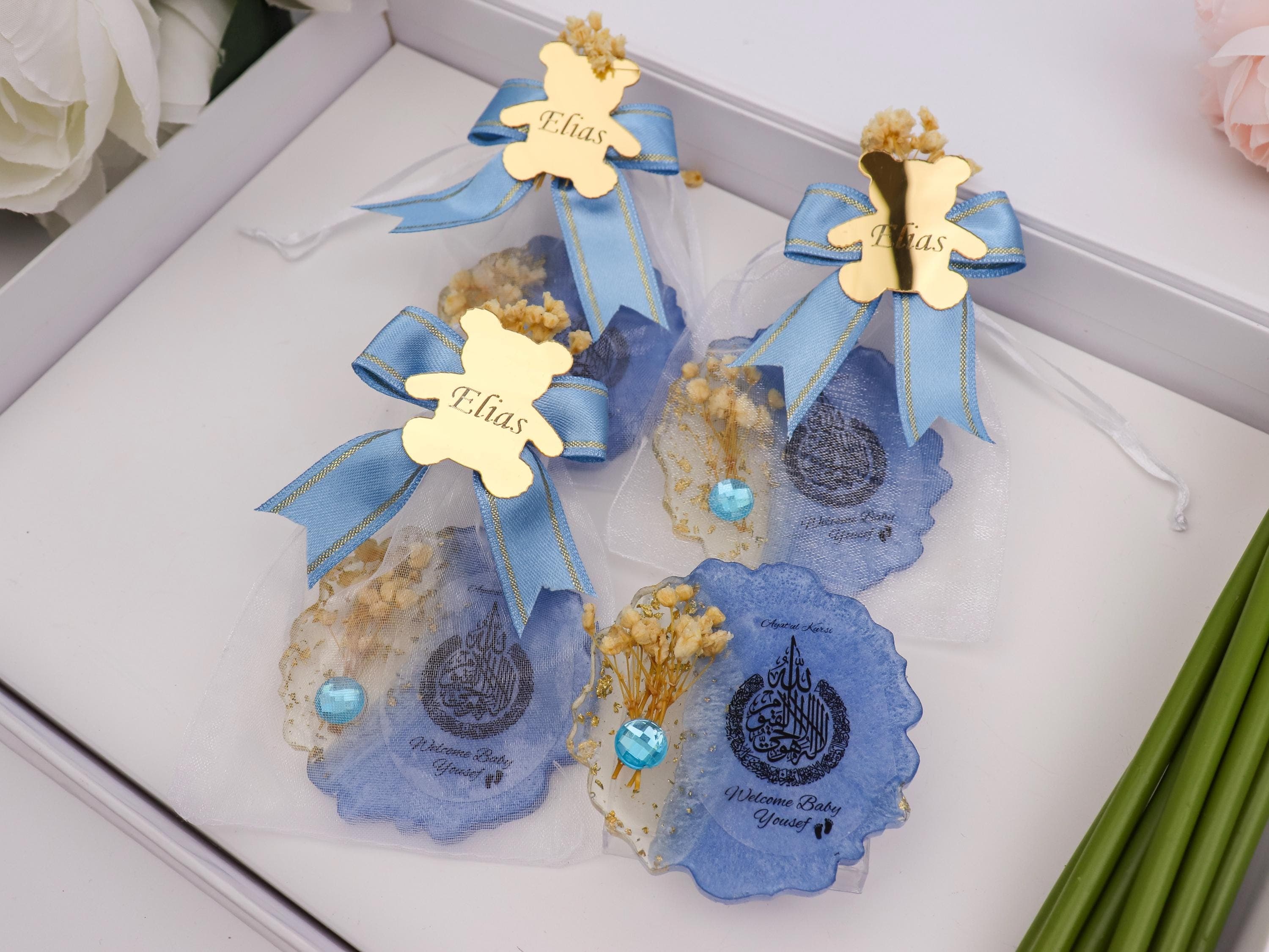 Personalized Blue Ayatul Kursi Magnet with Gold Mirror Tag, Welcome Baby Shower Favor - image 4