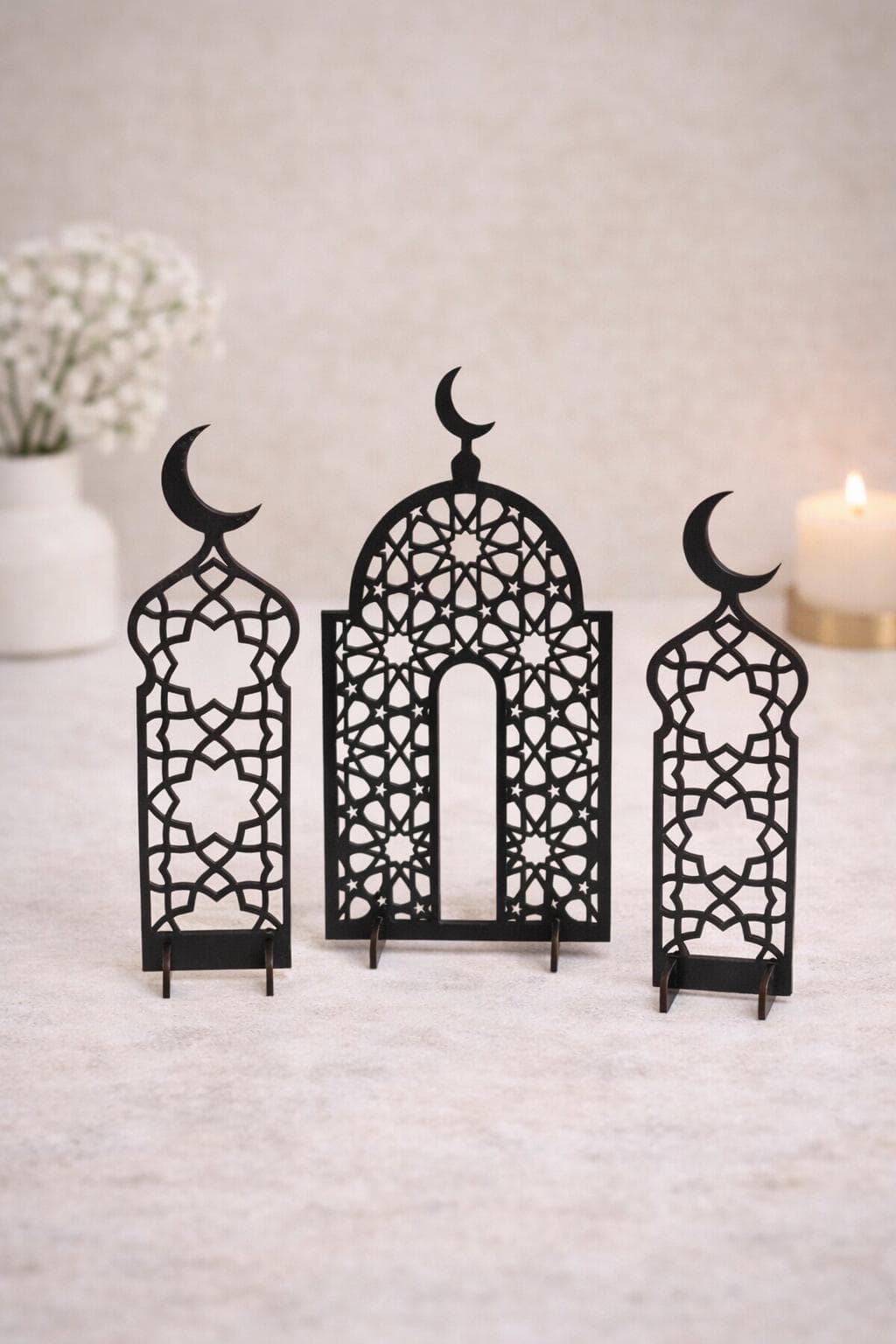 Laser Cut Wooden Ramadan Decor, Islamic Crescent Moon Centerpiece