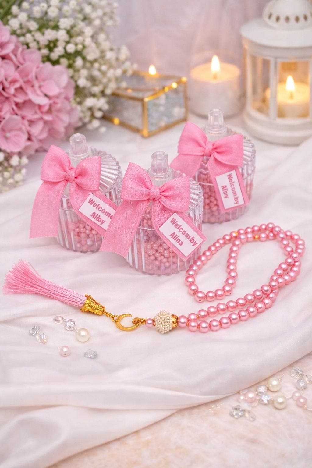 Custom Pink Pearl Tasbeeh: Welcome Baby Shower Favor for Girl, Islamic Gifts, Prayer Beads