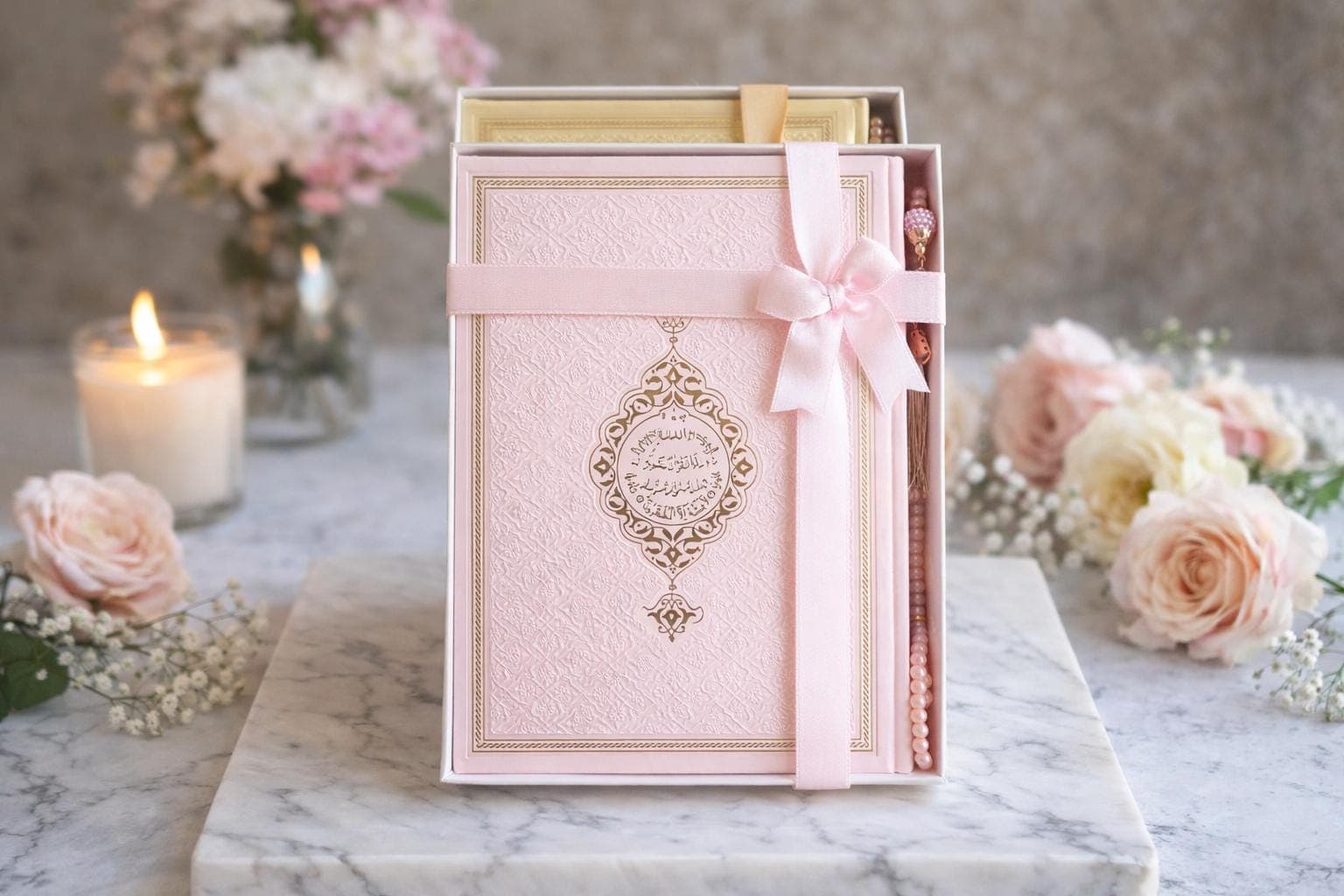 Thermo Leather Arabic Quran Gift Set, Pearl Tasbih, QR Code - Pink & Gold, Green, White, Ramadan, Eid