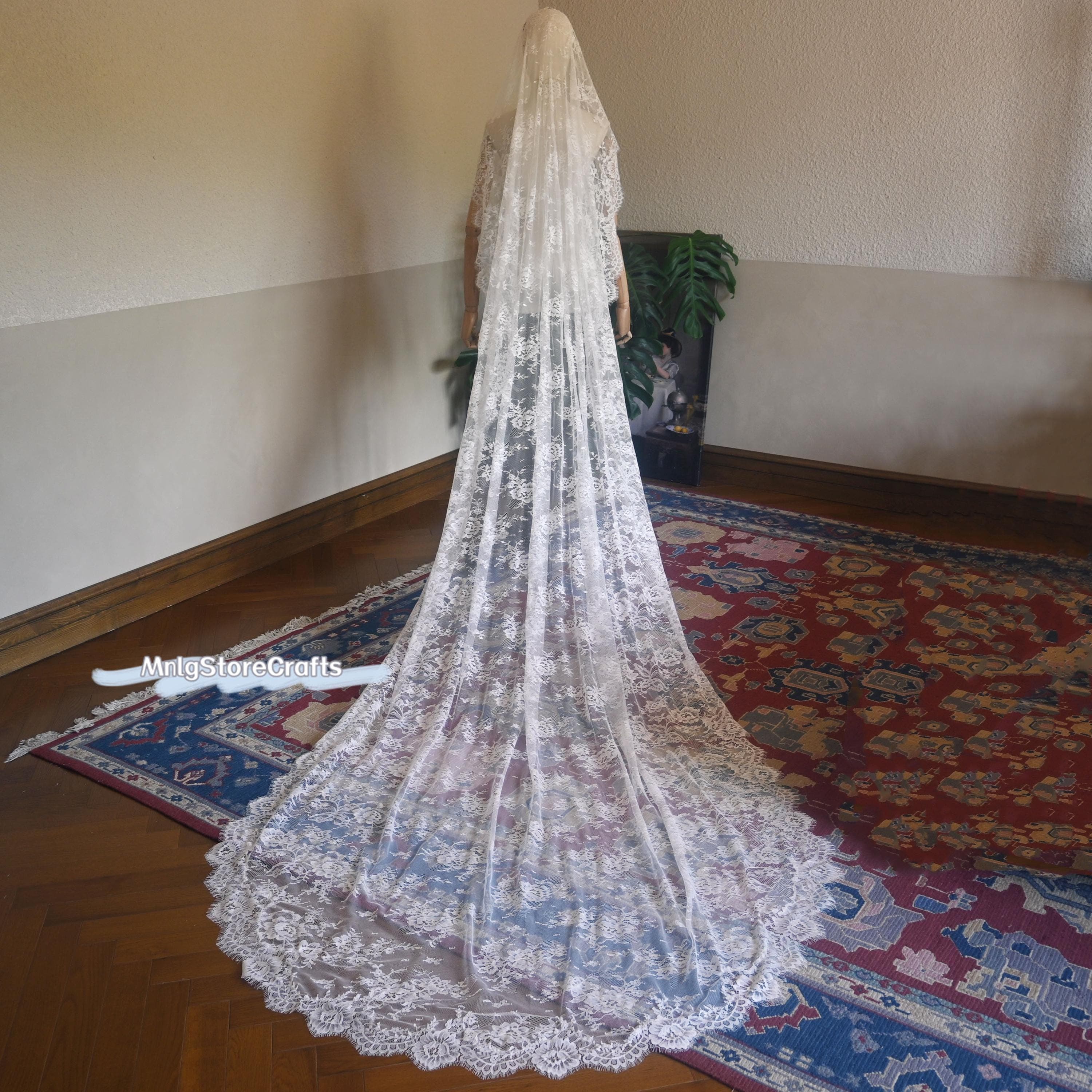 Floral Lace Cathedral Veil: Ivory Bridal Mantilla Hijab - image 3